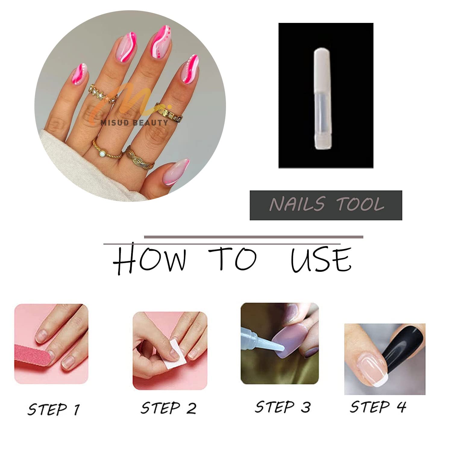 MISUD 24pcs Round Press-on Nails - Pink Wave Point Oval Acrylic Glossy Fake Nails with White Swirl Designs | Easy Glue-on Artificial Nails for Women | Perfect for Parties, Weddings & Daily Wear