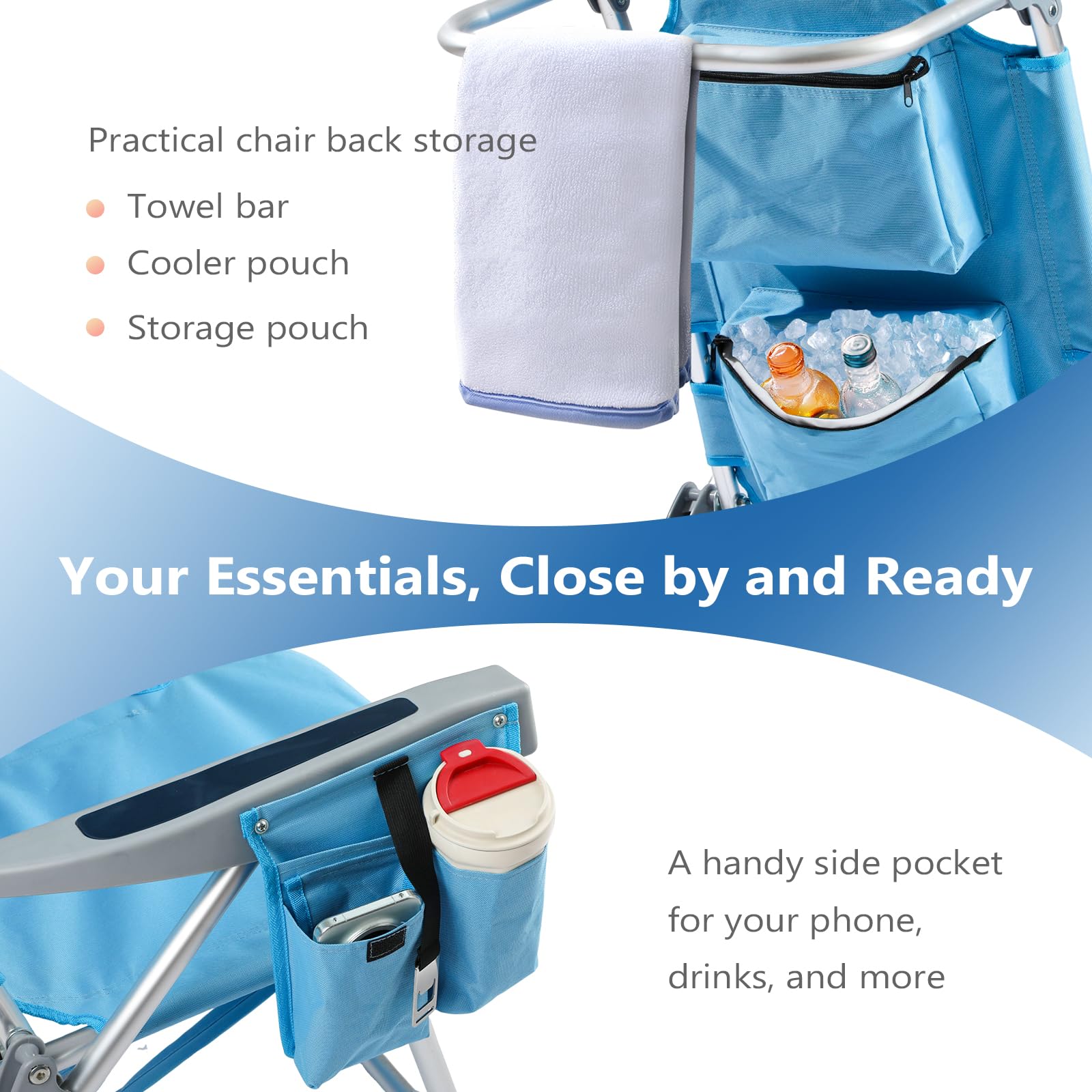 5-Position Adjustable Aluminum Beach Chair for Adults - Portable Backpack Design with Cooler Pouch, Storage Pocket, Towel Bar & Cup Holder - Perfect for Beach, Camping, Poolside & Outdoor Relaxation (Blue)