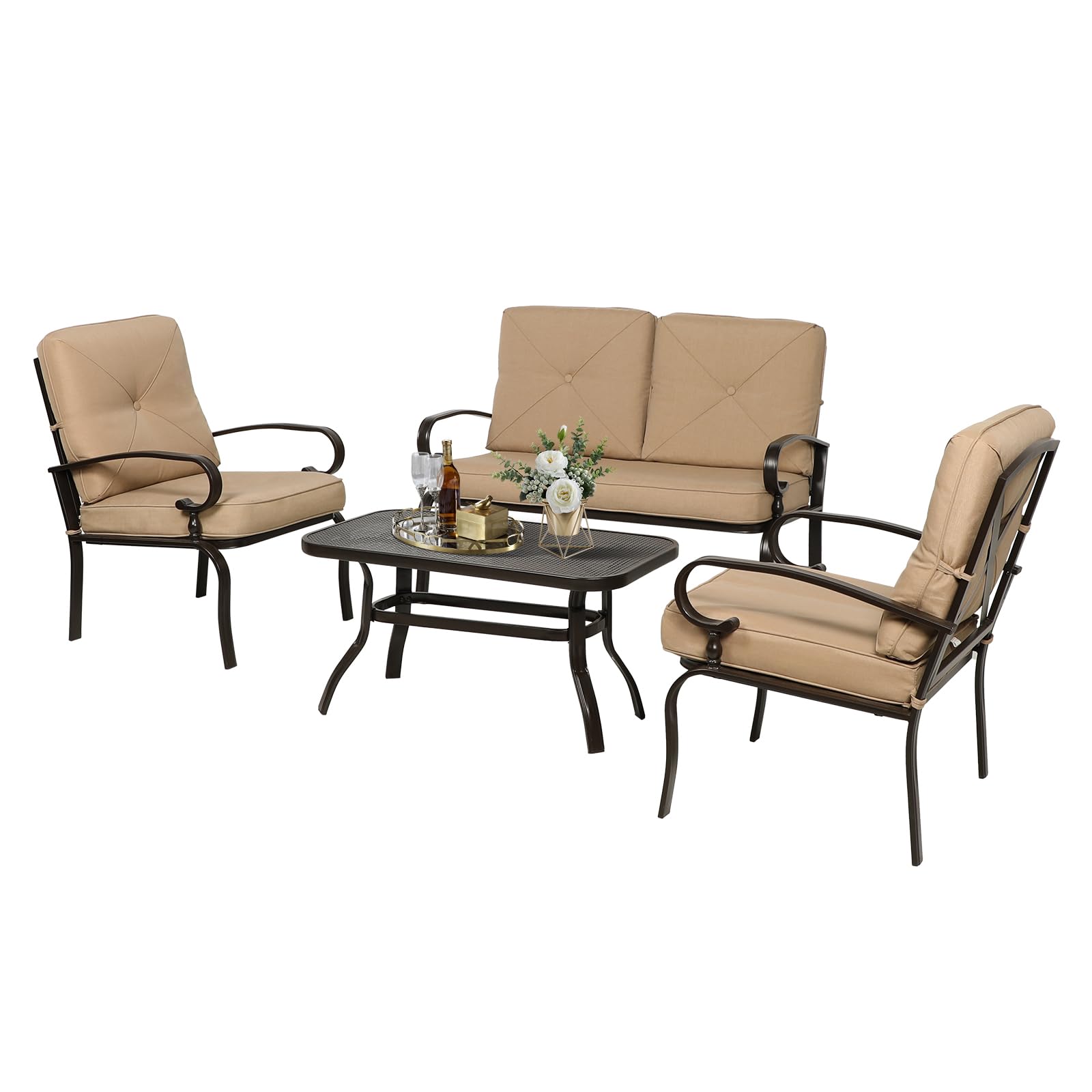 4-Piece Outdoor Metal Patio Furniture Set - Wrought Iron Loveseat, 2 Chairs & Coffee Table with Cushions - Brown Garden Conversation Set for Lawn, Porch, Backyard & Poolside Relaxation