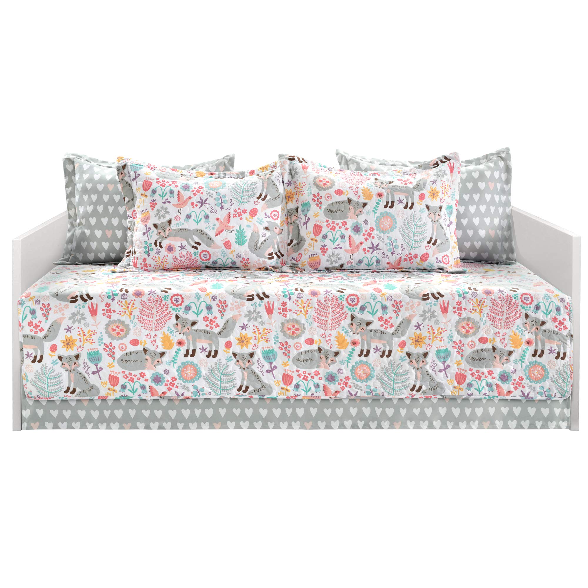 Pixie Fox Daybed Cover Set - 6-Piece Gray & Pink Floral Bedding for Girls - Woodland Kids Room Decor