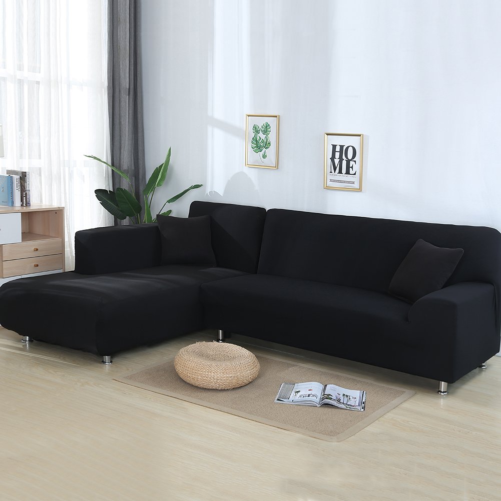 Stretchable 3-Seat L-Shaped Sectional Sofa Cover - Soft Washable Furniture Protector for Corner Couches (Solid Black) | Perfect for Living Room, Family Room & Home Theater Seating Protection