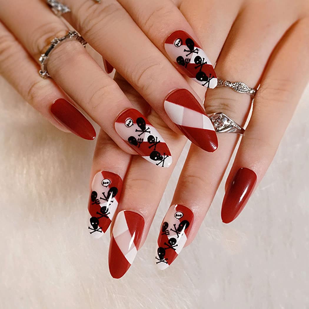 Gothic Skull Full Cover Long Sharp Press on Nails - Red Glossy White Fake Acrylic Nails for Women & Girls (24Pcs) | Halloween Costume Party, Goth Fashion, Cosplay & Special Occasion Nail Art