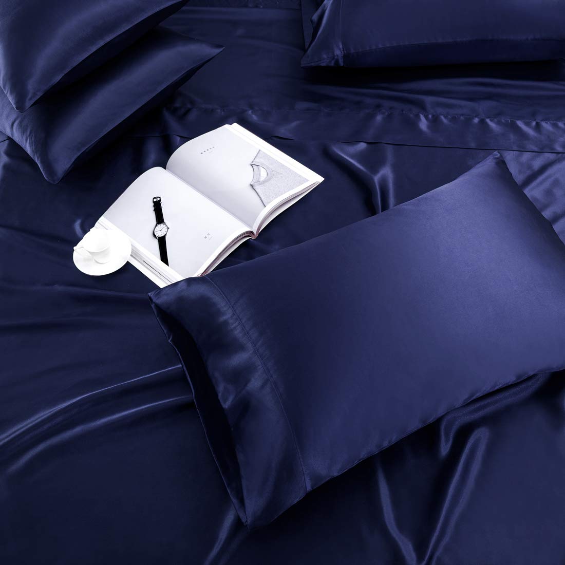 TREELY 4-Piece Satin Sheet Set Twin Size - Navy Blue Silky Smooth Bed Sheets with Deep Pocket, Fitted Sheet, Flat Sheet & 2 Pillowcases for Luxurious Sleep & Bedroom Decor