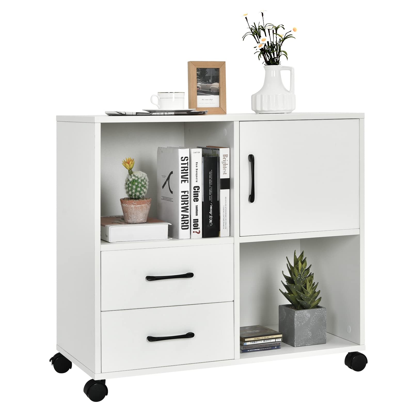 Tangkula 2-Drawer White Storage Cabinet with Wheels - Mobile Lateral File Cabinet with Shelves & Door for Office & Home Organization - Perfect for Living Room, Bedroom, or Office Storage Needs (White)