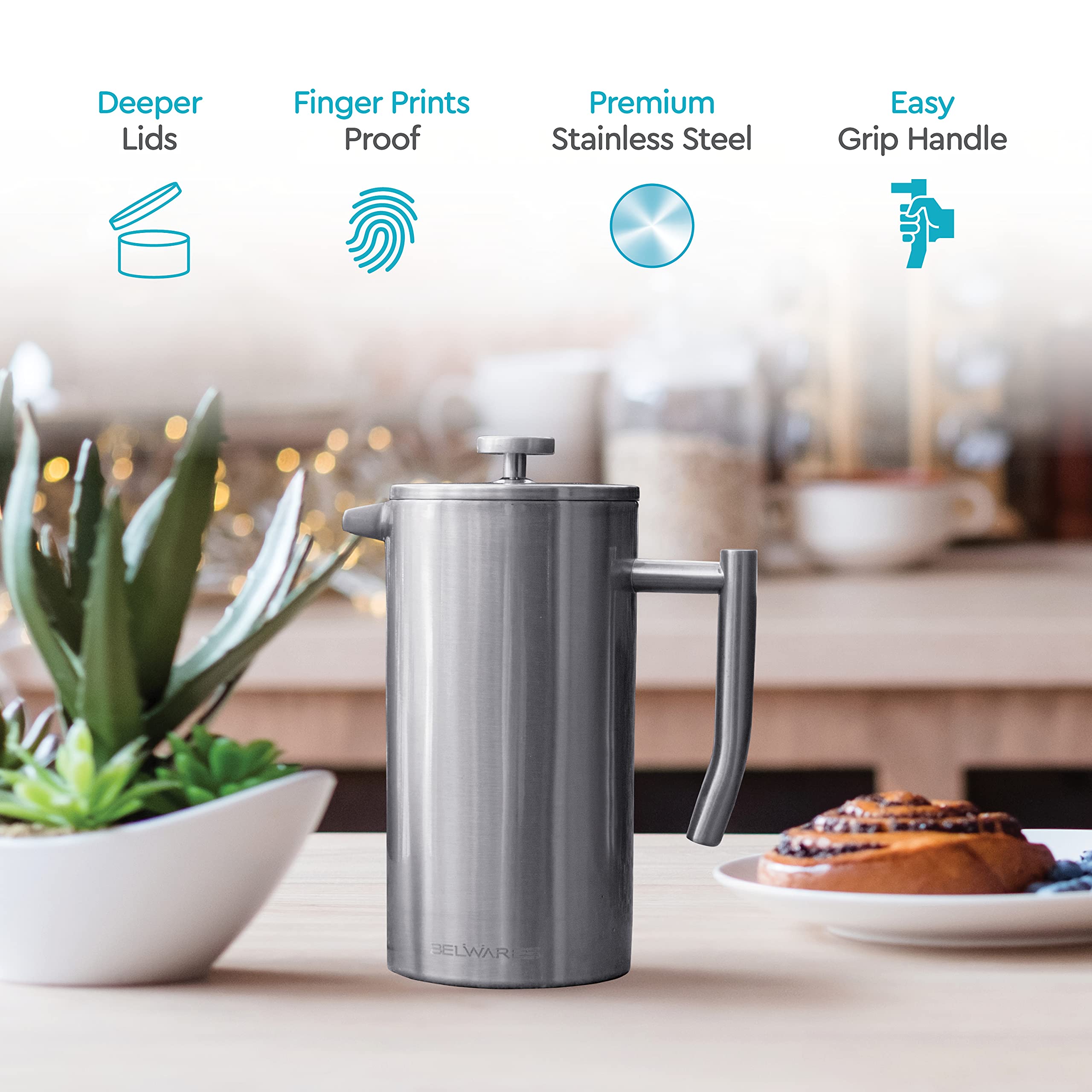 Belwares 50 Oz French Press Coffee Maker - Stainless Steel 304 Insulated Coffee Press with Double Wall & 4-Stage Filtration System (1.5L, Silver) - Perfect for Home, Office, Camping & Gifts