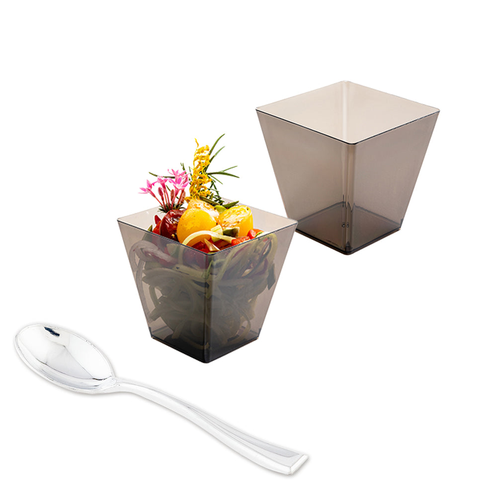 100 Pack 8 oz Square Smoked Gray Plastic Kova Cups with 100 Silver Mini Spoons - Perfect for Party Favors, Baby Showers, and Ice Cream Socials