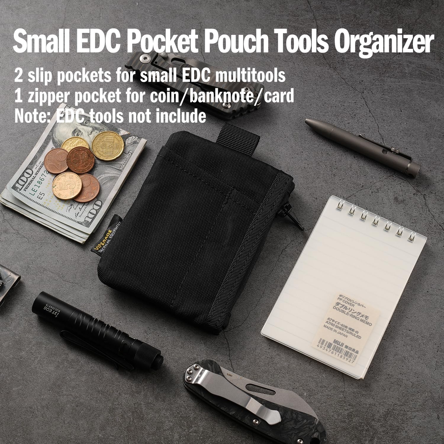 VIPERADE VE28 6-in-1 Mini EDC Pouch Organizer with 6 Pockets - Compact Multitool Keychain Wallet for Men - Perfect for Everyday Carry, Travel, Hiking & Backpack Accessories