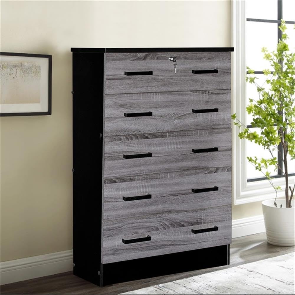 Better Home Products Cindy 5-Drawer Wooden Dresser with Lock - Ebony Finish for Bedroom Storage & Organization
