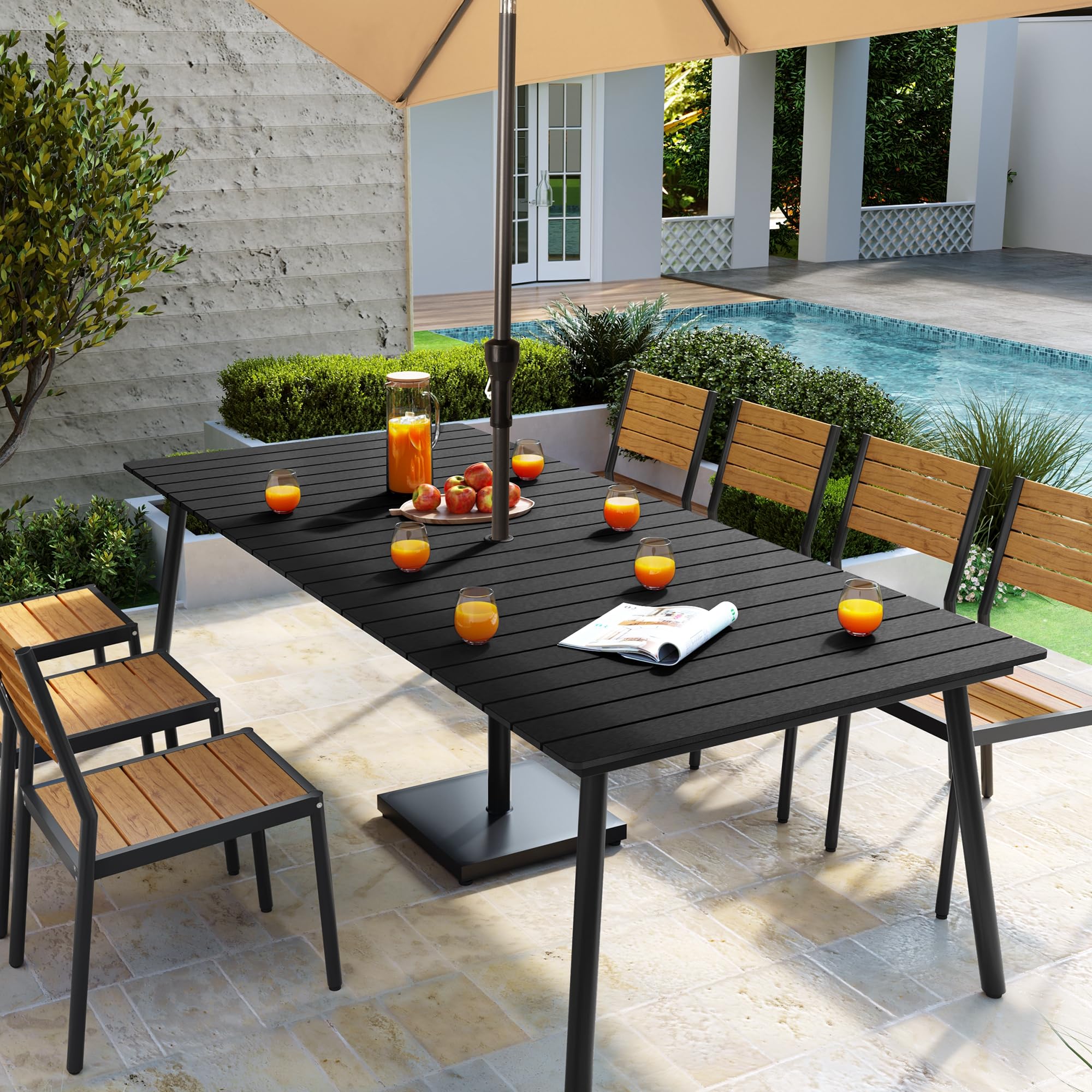 94.5 Inch Outdoor Dining Table - Weather-Resistant Patio Table with Wooden-Like Top & Aluminum Frame, Rectangle Outdoor Furniture with Umbrella Hole (Black) - Perfect for Backyard BBQs, Poolside Gatherings & Garden Parties