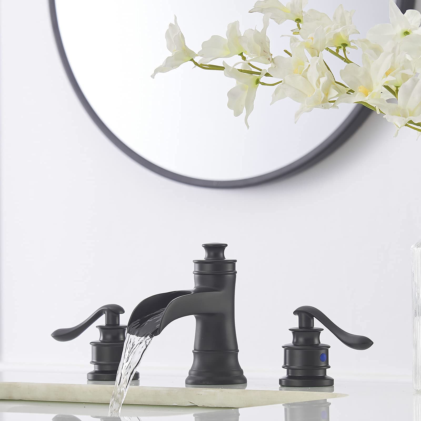 Black Widespread Bathroom Sink Faucet - Waterfall Spout 3 Hole & Black Kitchen Faucet with Pull Down Sprayer - 3 Spray Modes - Perfect for Modern Home, Bathroom and Kitchen Renovation