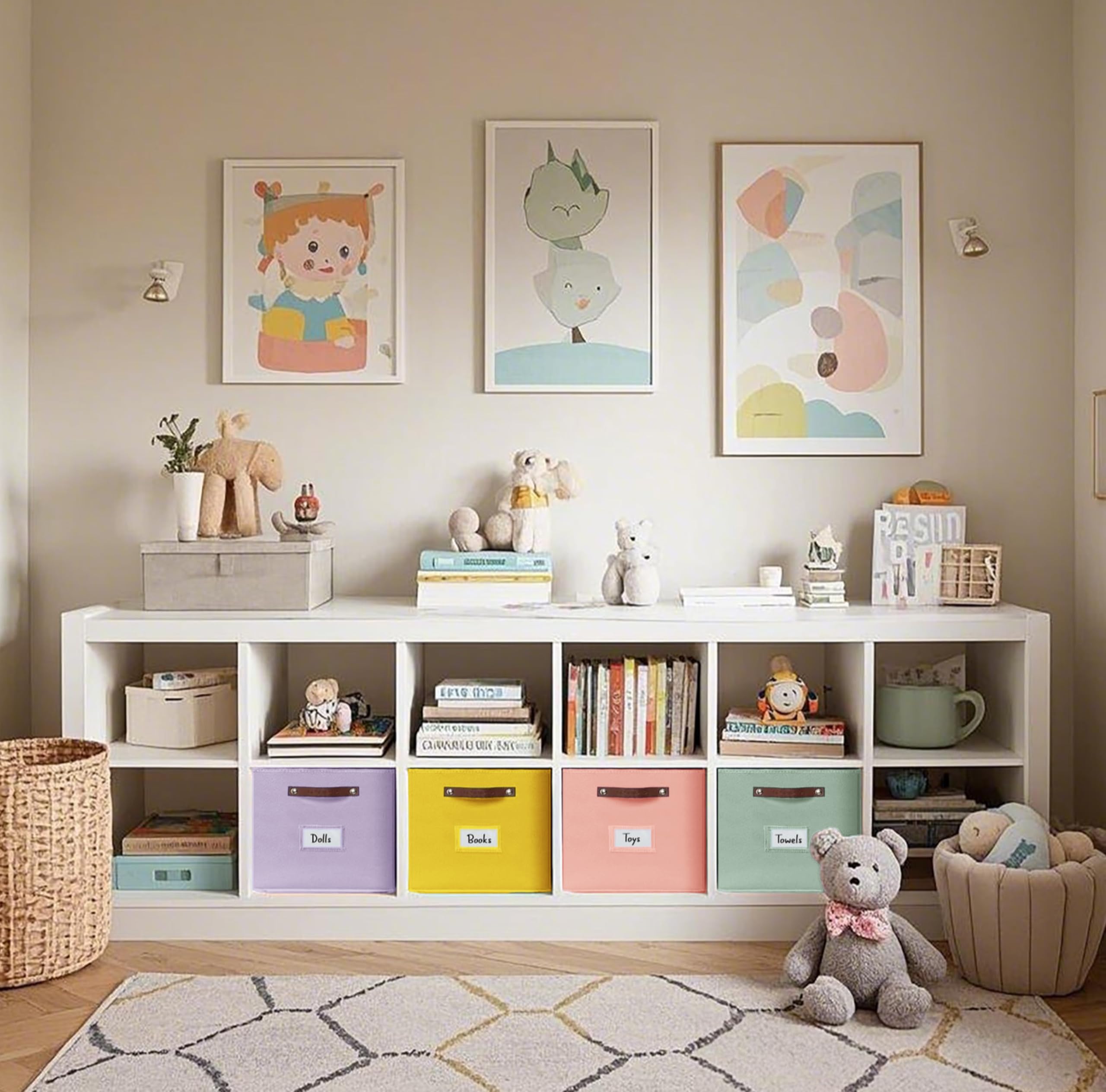 DECOMOMO 13x15x13 Inch Storage Baskets with Labels - 4 Pack Rainbow Cube Bins for Kallax Shelves, Closet & Toy Organization - Perfect for Home, Office & Kids Room Storage Solutions