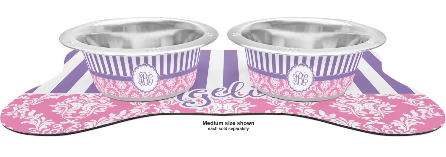 Personalized Pink & Purple Damask Stainless Steel Dog Bowl for Small Dogs - Non-Slip Pet Feeding Dish for Home, Travel & Outdoor Use