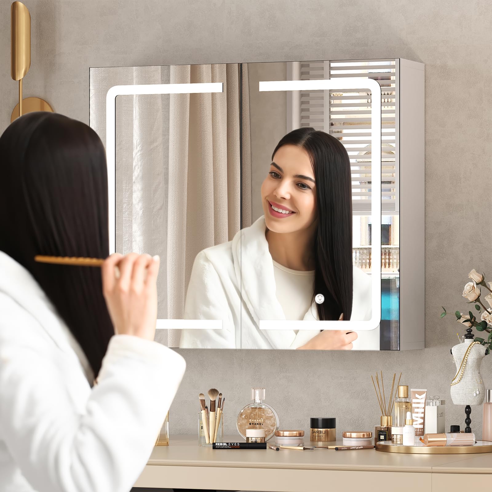 DICTAC 27.6x23.62 Inch LED Lighted Bathroom Medicine Cabinet with Mirror - Double Door Wall Mounted Storage Organizer with Adjustable Shelves, White - Perfect for Modern Bathrooms, Bedrooms & Vanity Areas