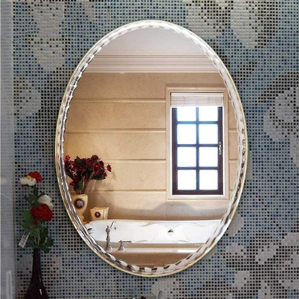 Elegant Oval Frameless Bathroom Mirror with Engraved Lace Design - 60x80cm Wall Vanity Mirror for Modern Bathrooms & Powder Rooms