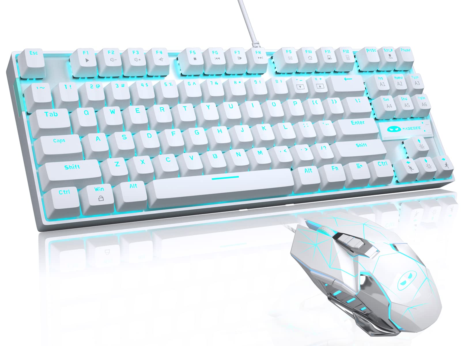 Compact 87-Key Mechanical Gaming Keyboard & Mouse Combo with Blue Switches - LED Backlit for PC Gaming (White Blue Light) - Perfect for Esports & Office Work
