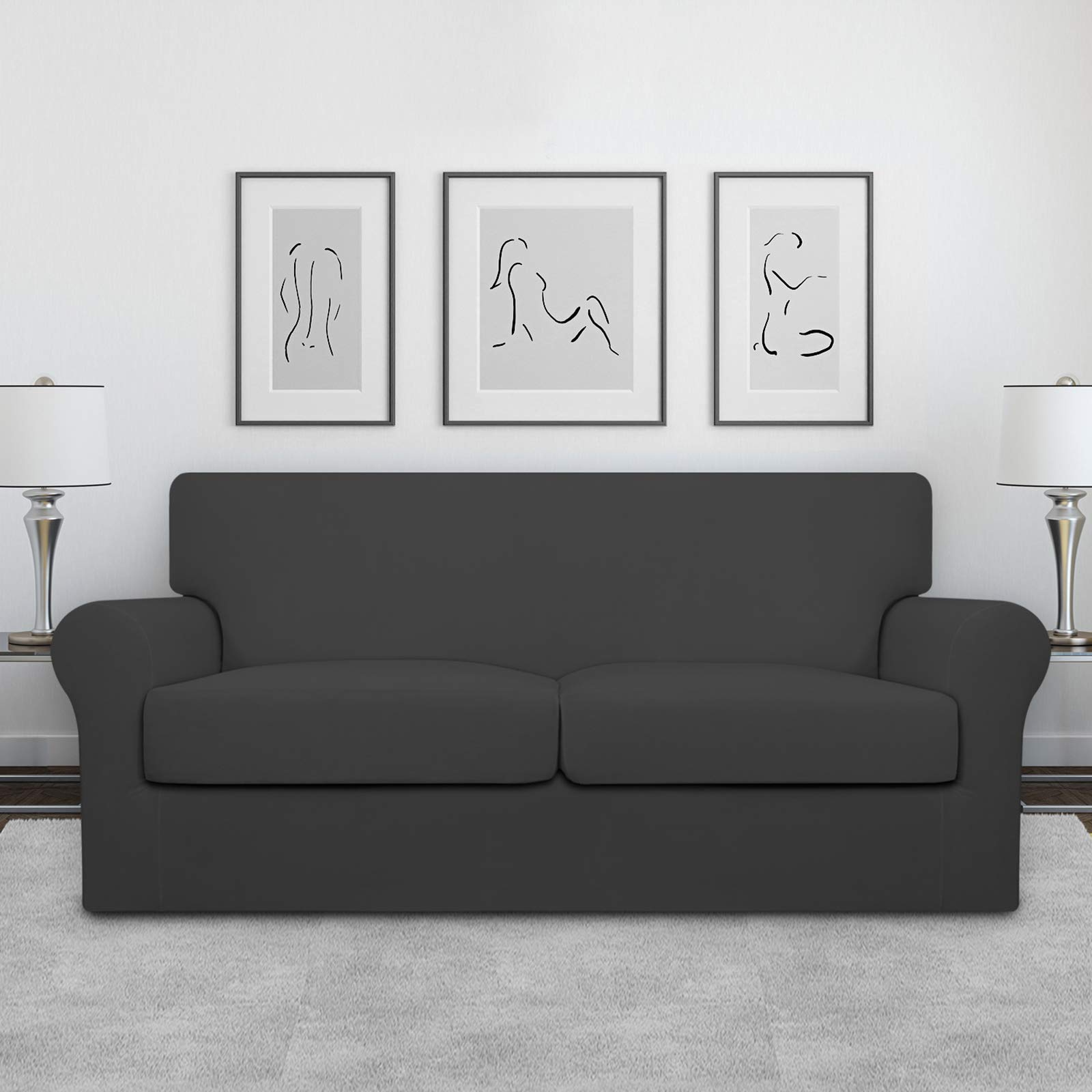 Stretch Fleece Sofa Cover for Pets & Kids - Oversized 3-Piece Washable Loveseat Slipcover - Elastic Furniture Protector for 2-Cushion Couches (Dark Gray) | Perfect for Pet Owners, Families with Children & Home Protection