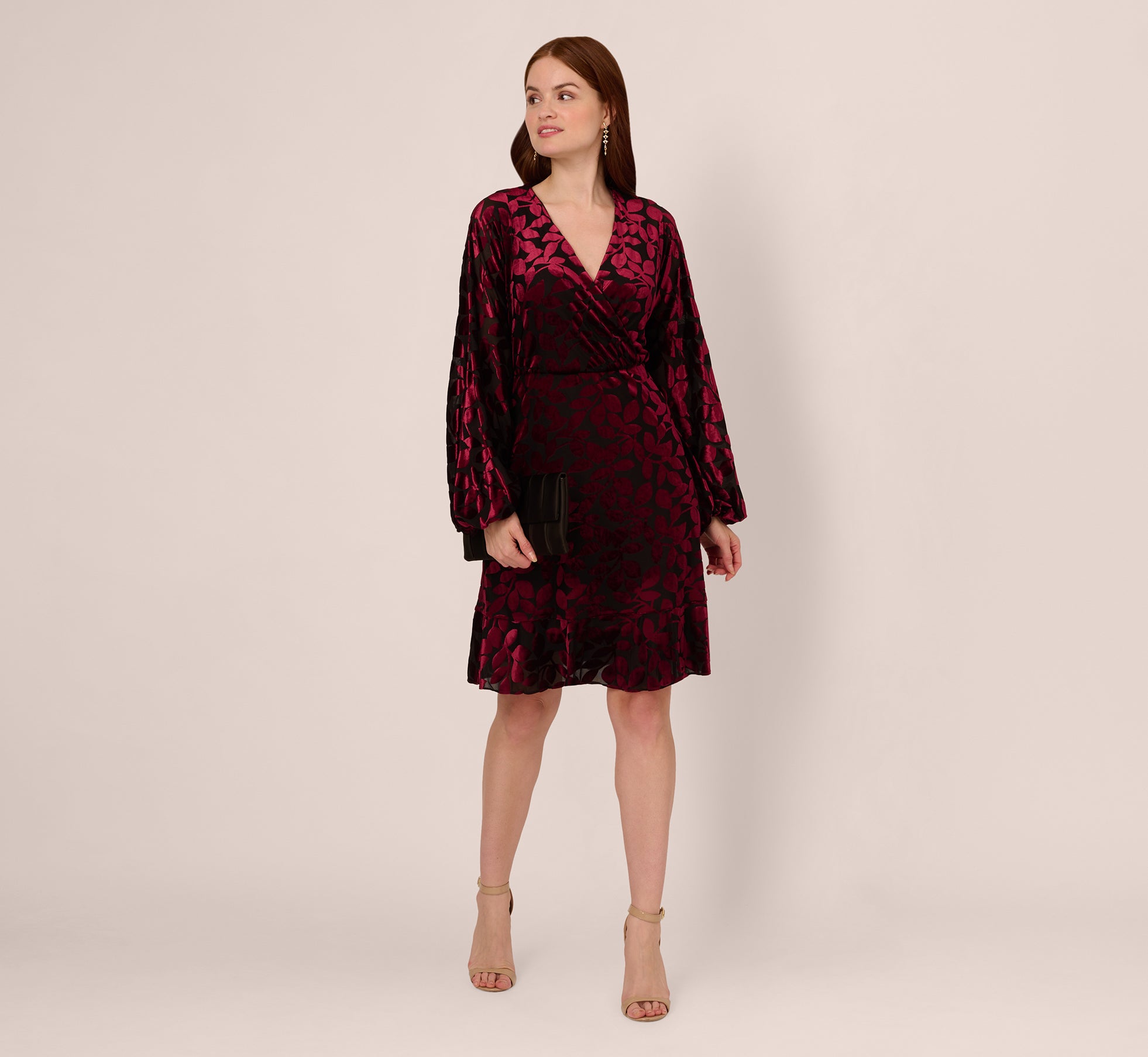 Burgundy Black Velvet Burnout Faux Wrap Dress with Long Bishop Sleeves - Elegant Evening Wear for Parties, Weddings & Special Occasions