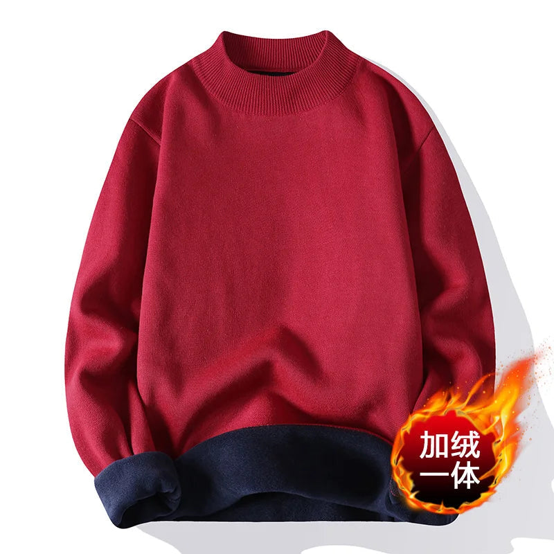 Men's Autumn Winter Knitted Mock Neck Sweater - Thick Fleece Lined Solid Color Casual Pullover | Warm & Stylish for Office, Dating & Outdoor Activities