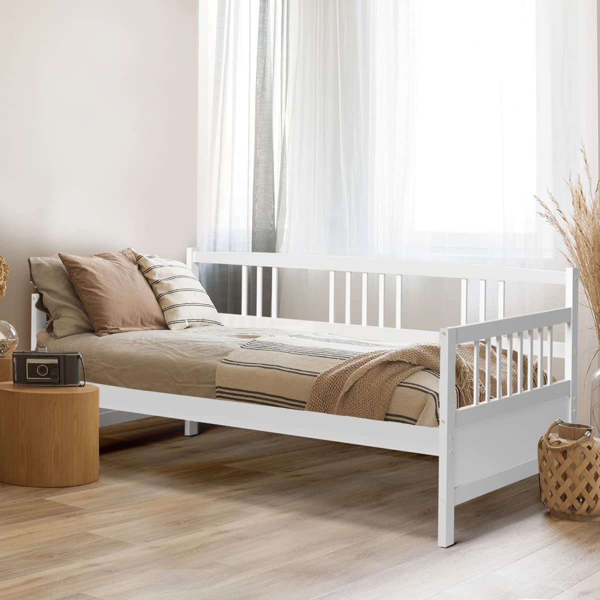 KOTEK Twin Size Wooden Daybed Frame with Rails - Convertible Sofa Bed for Guest Room, Living Room & Bedroom - Sturdy Platform Bed Frame (White) | Perfect for Small Spaces, Sleepovers & Multi-Functional Furniture Needs