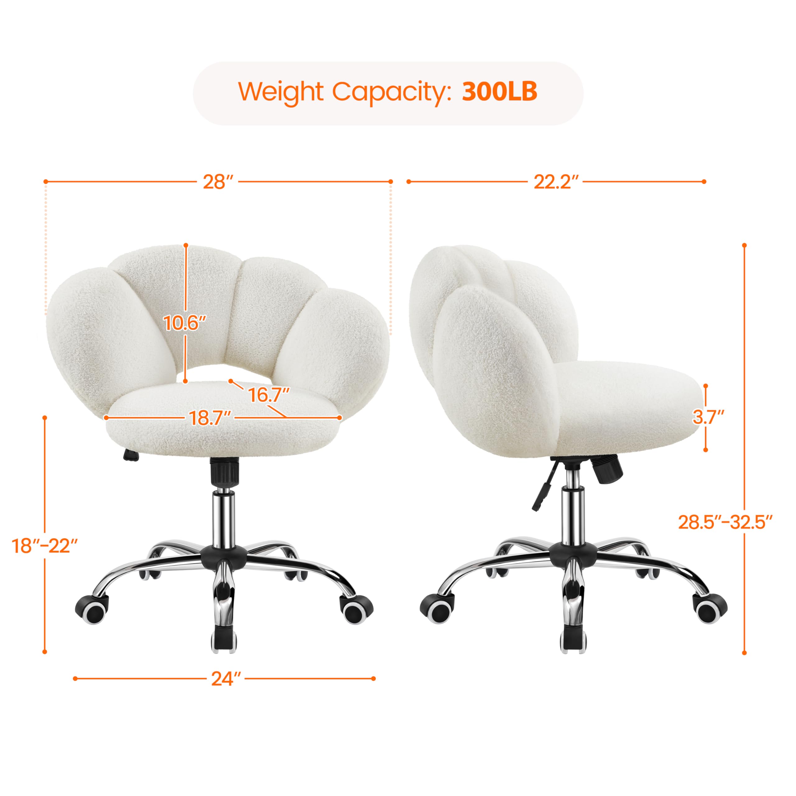 Yaheetech Boucle Upholstered Desk Chair - Adjustable Cloud-Shaped Vanity Chair with Rolling Wheels for Home Office, Living Room & Bedroom - Ergonomic Computer Chair for Work, Study and Makeup (White)