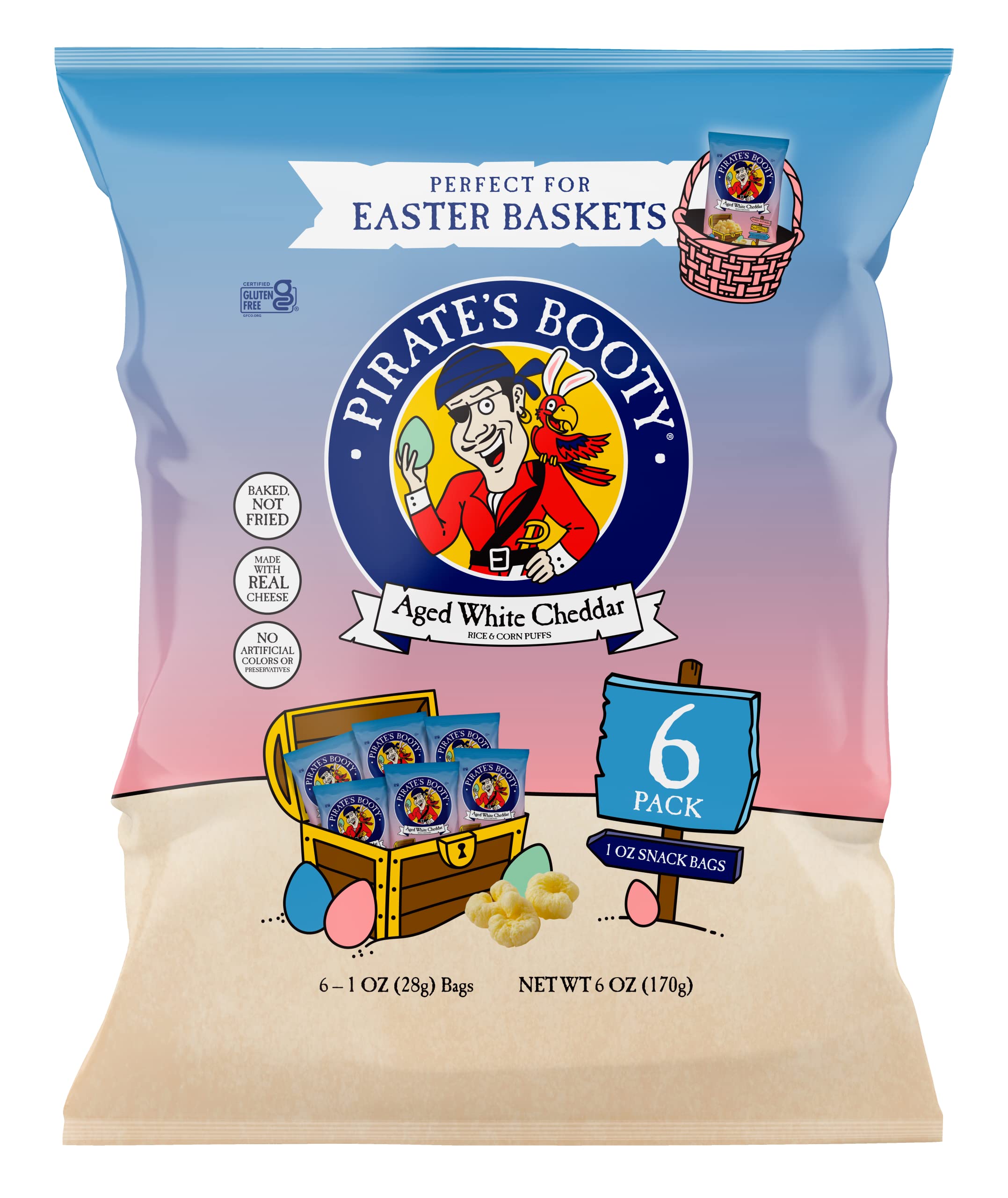 Pirate's Booty Aged White Cheddar Cheese Puffs - 6 Pack of 1oz Bags | Gluten Free, Healthy Kids Snacks | Perfect for Easter Baskets, School Lunches & Party Favors