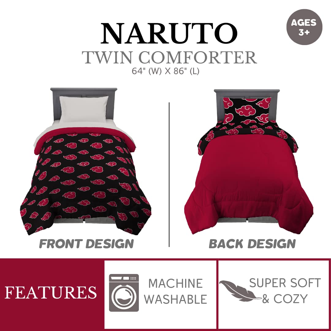 Naruto Akatsuki Cloud Pattern Microfiber Comforter Set - Official Licensed Anime Bedding for Twin Size - Soft & Cozy for Anime Fans' Bedroom Decor