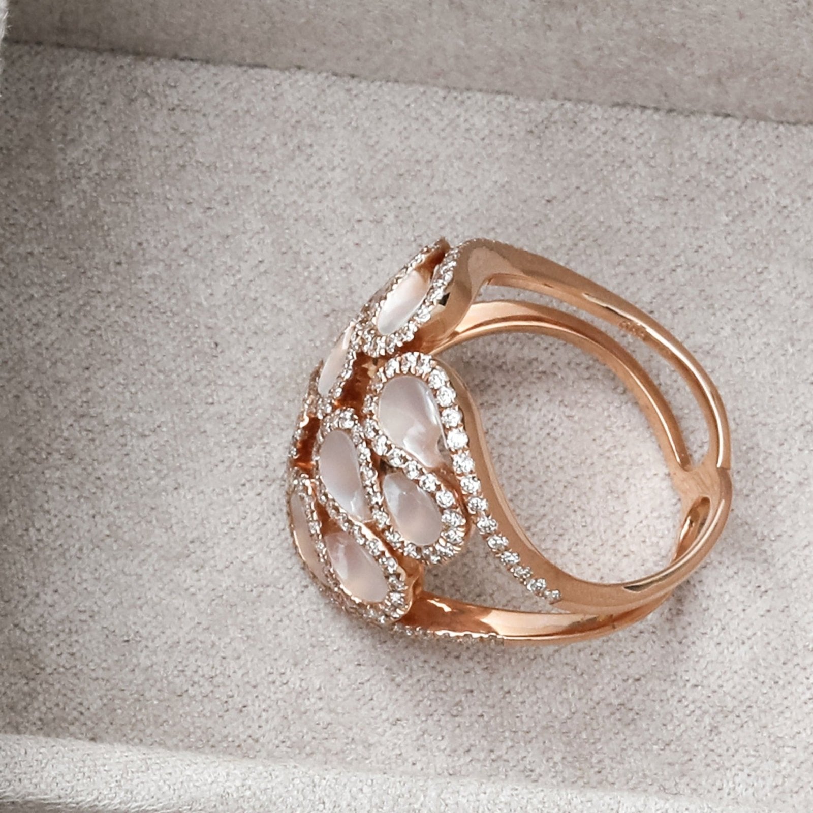 14K Rose Gold Abstract Swirl Mother of Pearl and Diamond Cocktail Ring - Elegant Statement Jewelry for Evening Parties & Special Occasions