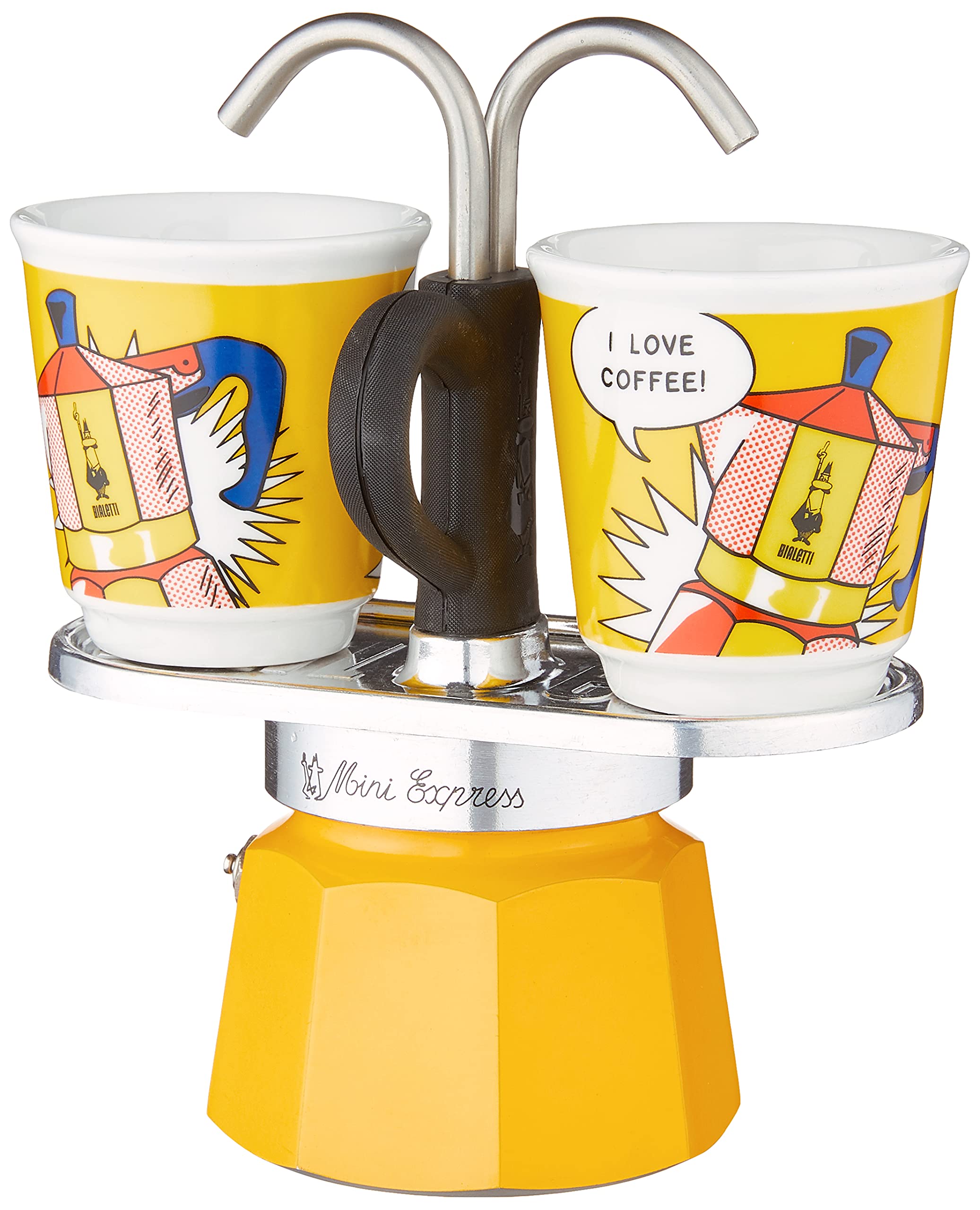 Bialetti Mini Express Moka Pot 2-Cup (2.8 Oz) Aluminum Stovetop Espresso Maker with 2 Shot Glasses - Yellow - Perfect for Home, Office & Camping Coffee Brewing
