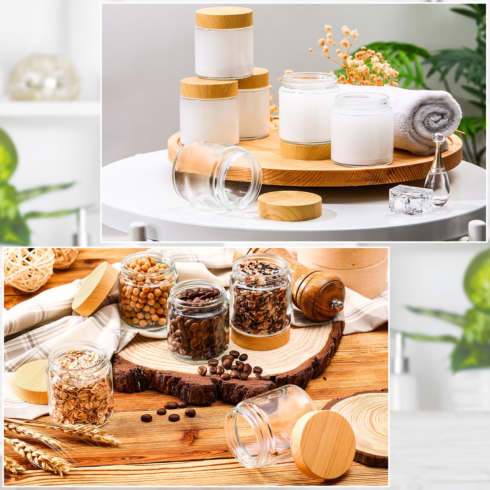 24-Piece Small Glass Jars with Woodgrain Lids - 4oz Airtight Cosmetic Containers | Reusable Empty Jars with Inner Liners for Travel, DIY Beauty, Skincare & Essential Oil Storage