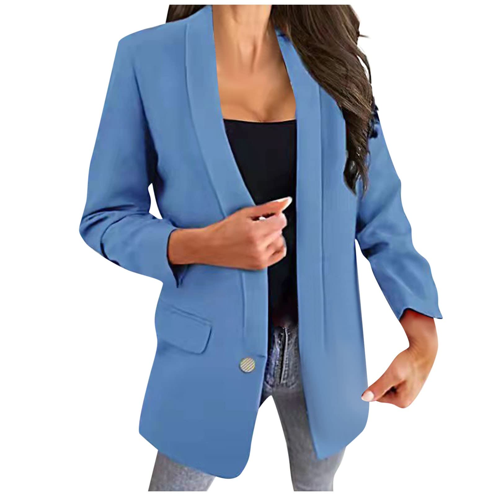 Women's Open Front Blazer Jacket - Long Sleeve Solid Color Overcoat with Pockets | Loose Fit Boyfriend Style Suit Jacket for Office, Casual Wear & Business Outfits