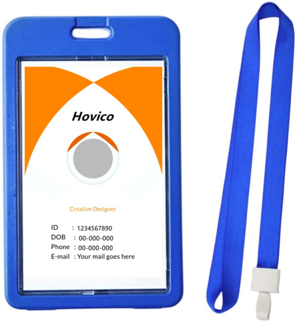 Hovico Vertical Double Sided Clear ID Badge Holder with Lanyard - Waterproof School ID Card Holder, Name Tag Holder for Teachers, Students & Office Workers - Perfect for Work, School & Events (Blue)