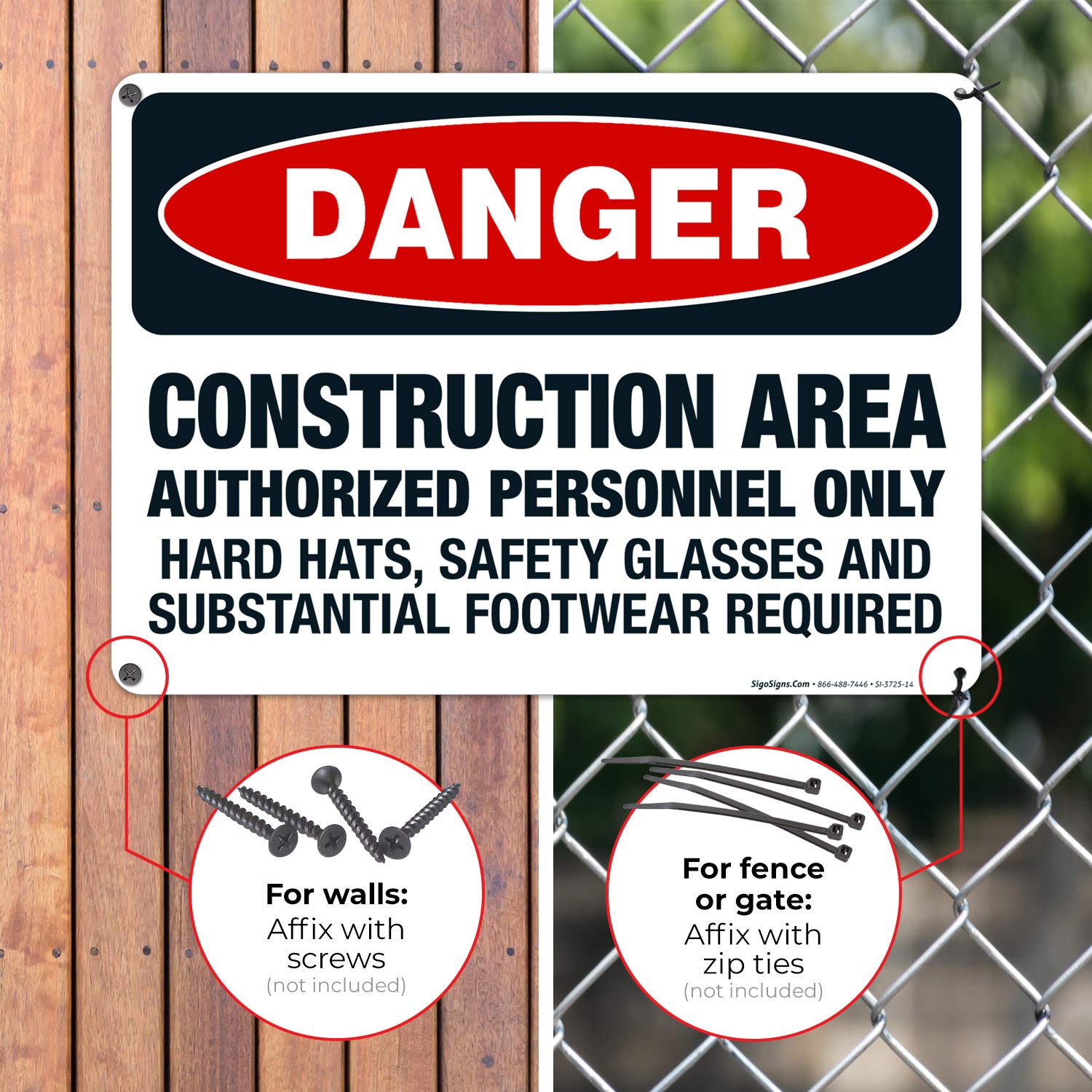 OSHA Danger Sign - Construction Area Authorized Personnel Only Safety Glasses Required - 10x14 Inches Rust-Free .040 Aluminum Safety Sign - Fade Resistant for Indoor/Outdoor Use - Made in USA - Perfect for Construction Sites, Warehouses & Hazardous Work Areas