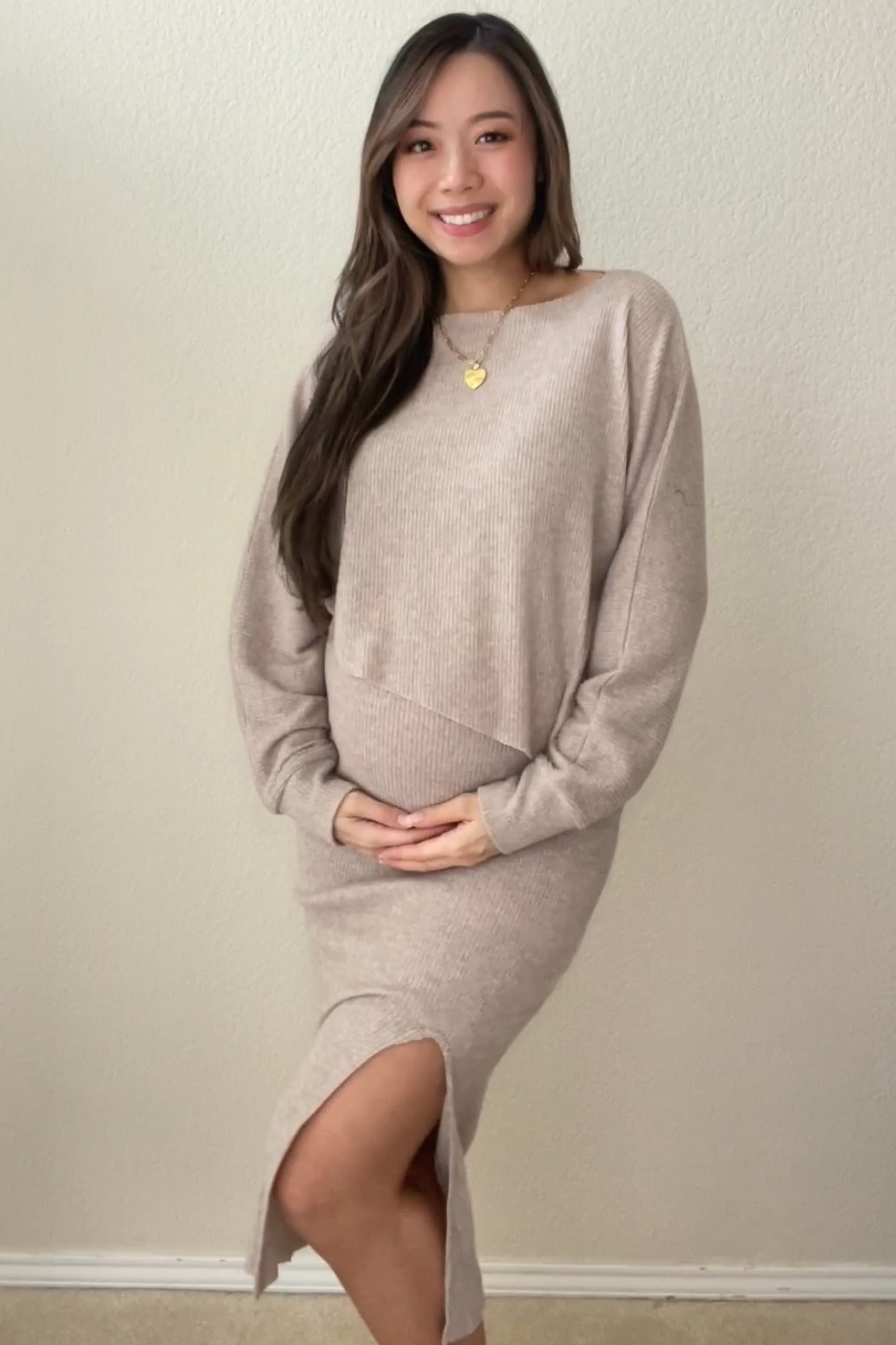 Beige Ribbed Knit Asymmetric Top & Midi Skirt Maternity Outfit Set - Comfortable Stretchy Pregnancy Clothes for Casual Wear & Maternity Photos