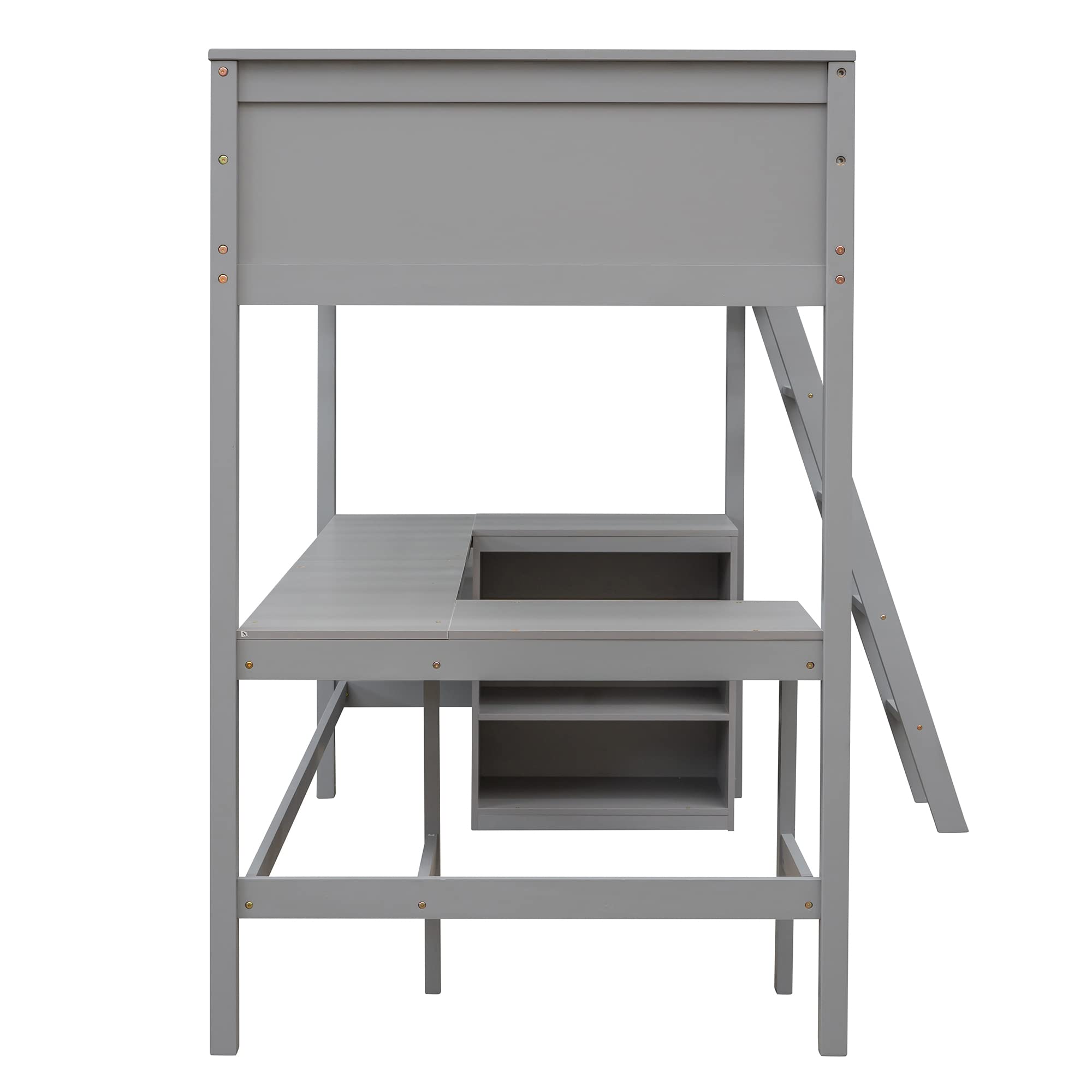 **Twin Loft Bed with Desk & Shelves - Sturdy Wood Loft Bed Frame with Storage Drawers for Kids, Teens & Adults - Space-Saving Gray Bedroom Furniture for Small Rooms, Dorms & Apartments**