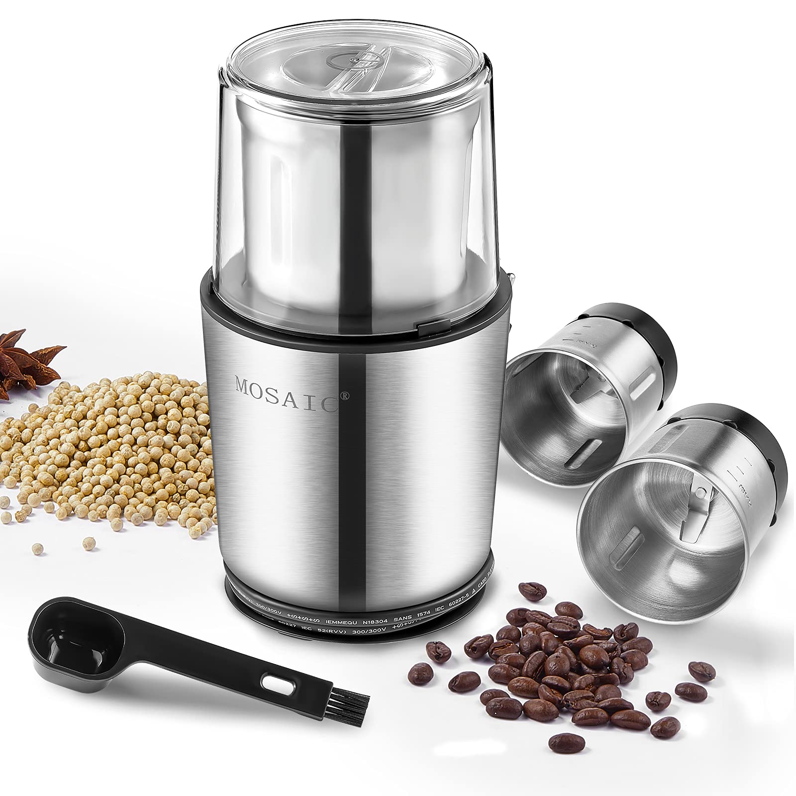Electric Coffee Grinder & Spice Blender - 2 Stainless Steel Bowls for Coffee Beans, Herbs, Nuts & Spices | Dishwasher Safe | Perfect for Home Kitchen, Espresso & Baking Use