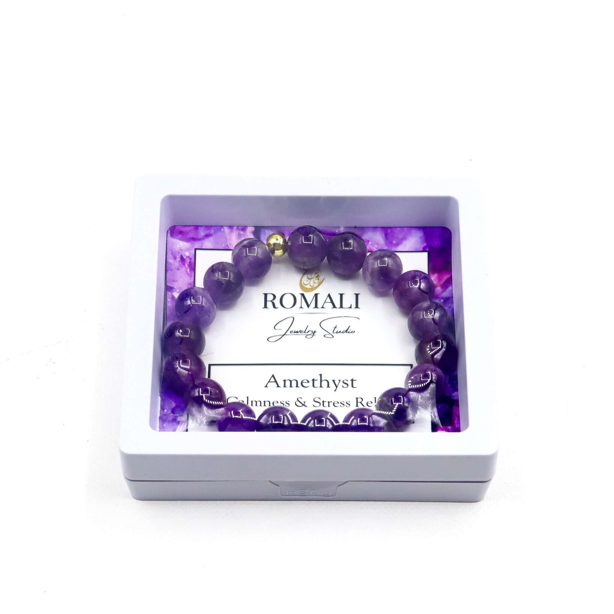 ROMALI 18K Gold Plated Natural Amethyst Beaded Bracelet for Women - Elegant Handmade Adjustable Crystal Jewelry Gift for Birthday, Anniversary & Special Occasions