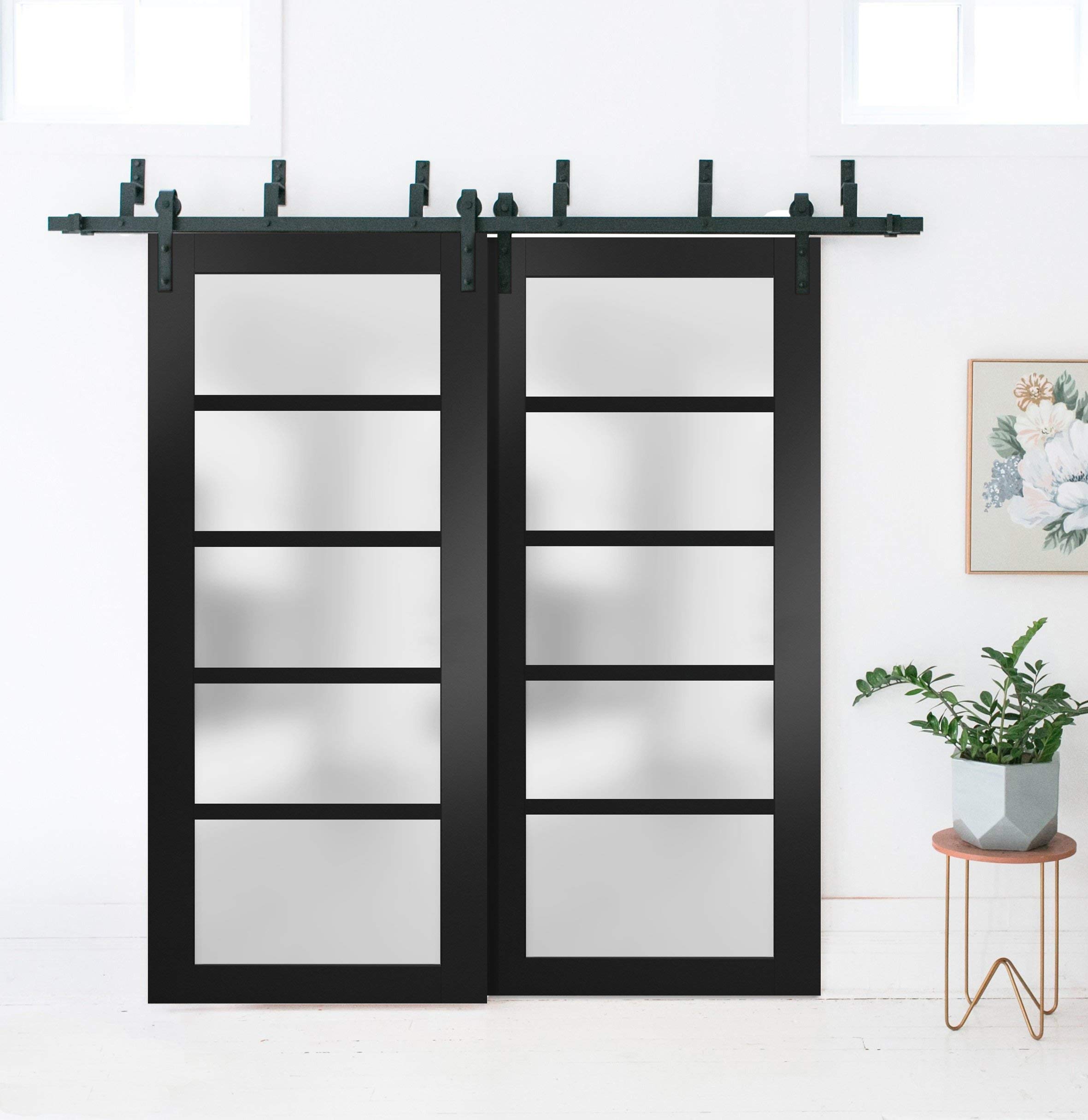 28 x 80 Inch Frosted Glass Slab Barn Door Panel - Matte Black Quadro 4002 | Sturdy Sliding Closet Door | Perfect for Bedroom, Bathroom & Modern Interior Design