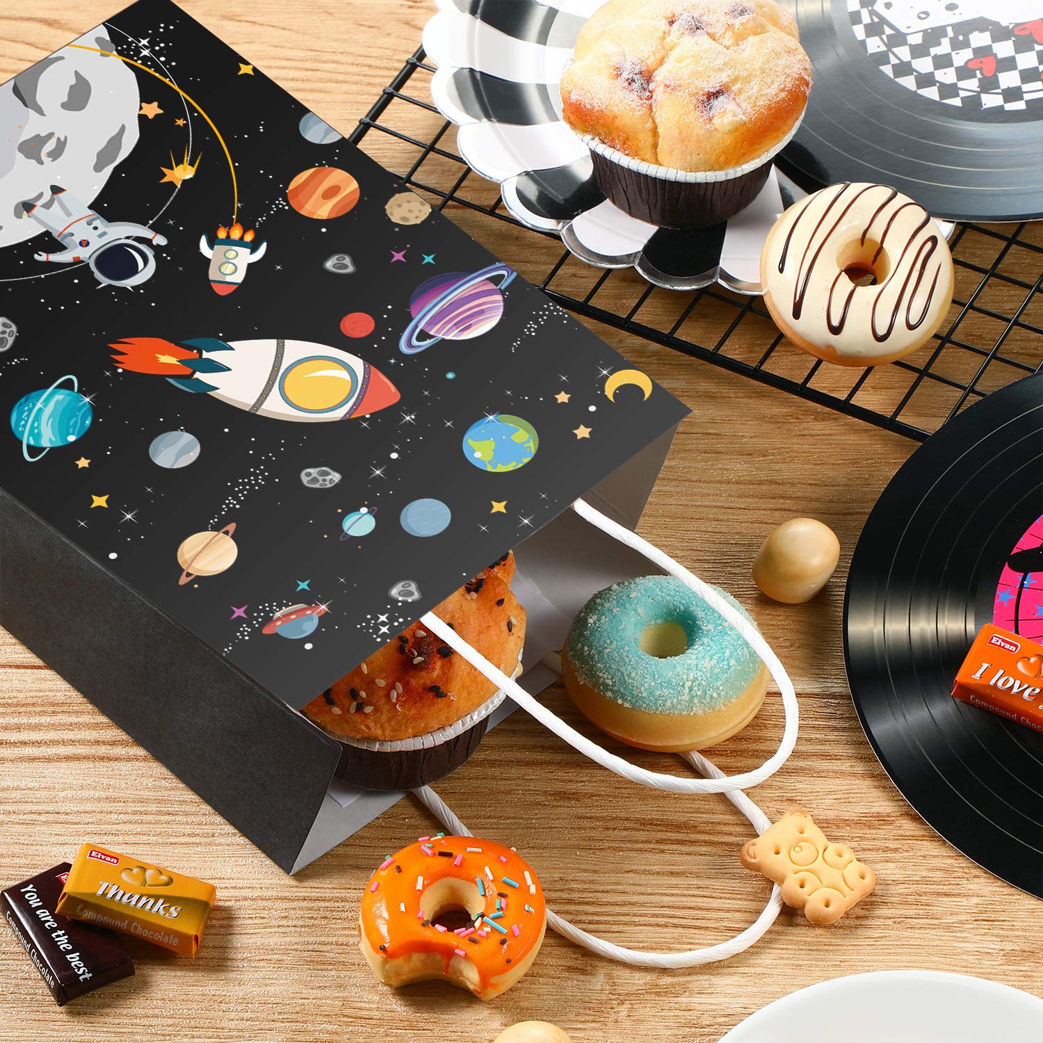 24 Pcs Outer Space Gift Bags with Handles - Galaxy Themed Party Favor Bags for Birthday, Baby Shower & Space Theme Events - Durable Paper Treat Bags for Kids Party Supplies & Classroom Rewards