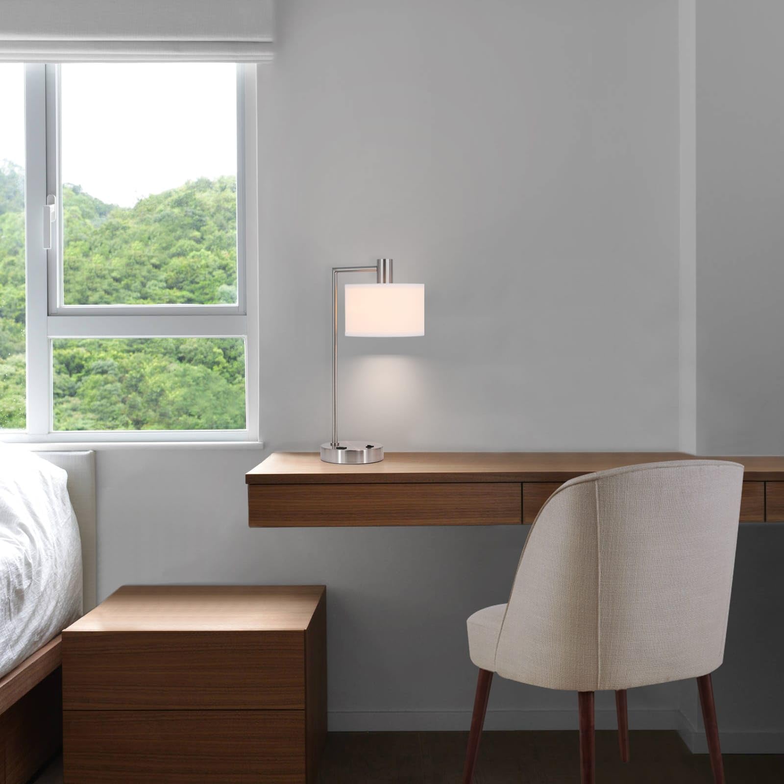 XiNBEi Modern USB Desk Lamp with Fabric Shade - Brushed Nickel Finish Table Lamp for Bedroom, Living Room & Office - Adjustable Lighting for Reading, Working & Nightstand Use - Model XB-TL1230-BN