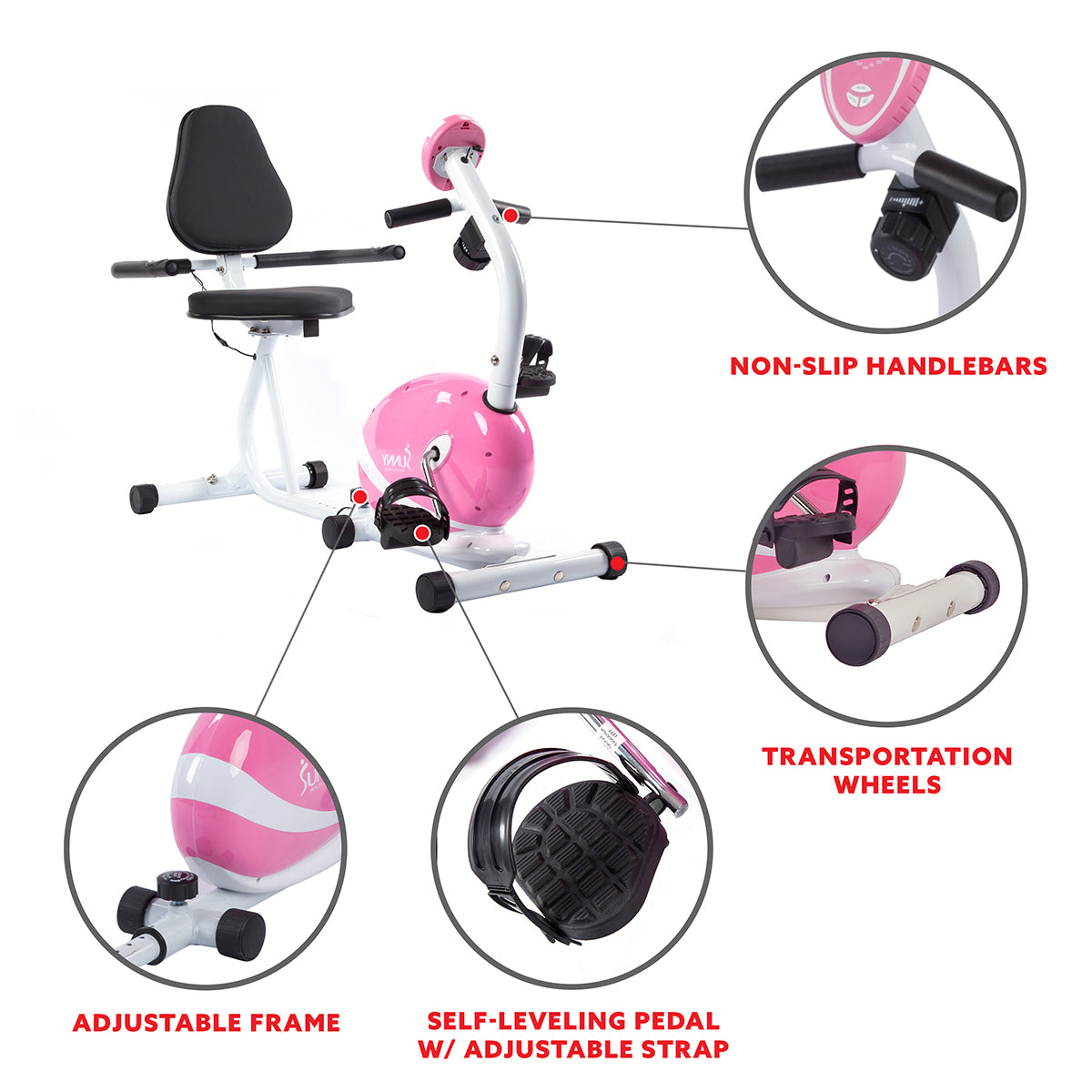 Magnetic Recumbent Exercise Bike with Heart Rate Monitor - Pink Indoor Cycling Bike for Home Gym, Low-Impact Cardio Workout for Seniors & Rehabilitation