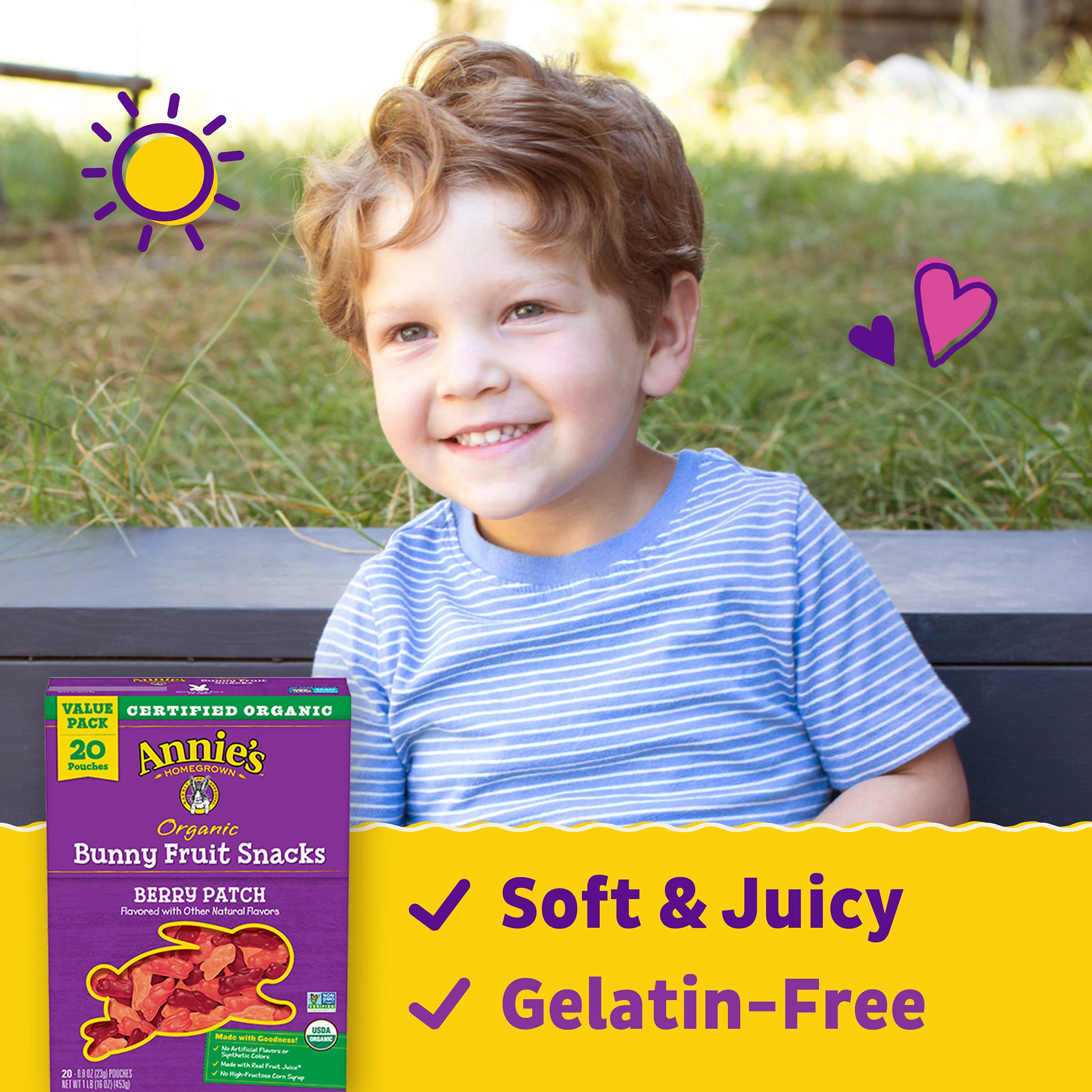 Annie's Organic Berry Patch Bunny Fruit Snacks - Gluten Free, Non-GMO, 16oz (20 Count) - Healthy Kids Snack for Lunch Box, School, Travel & On-the-Go