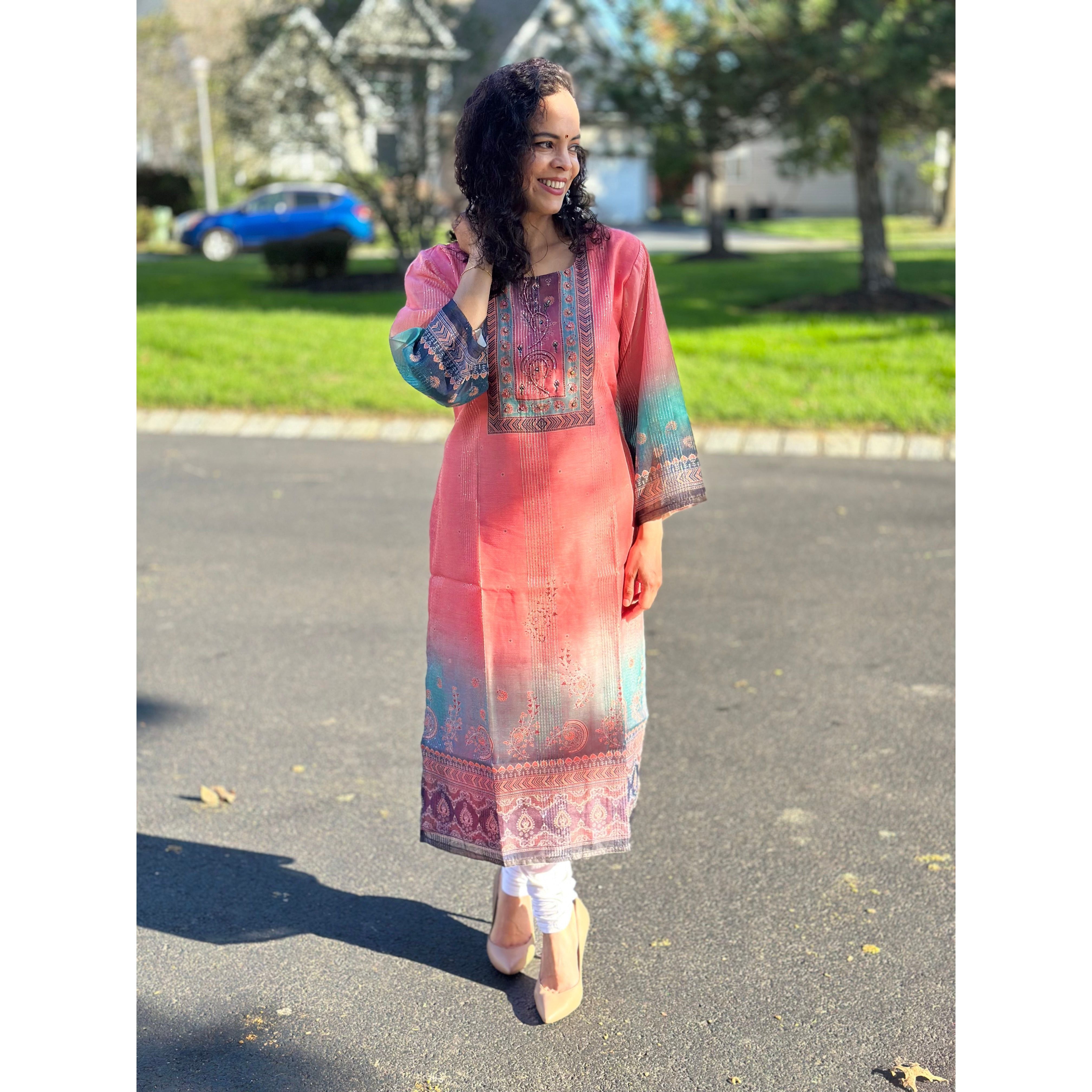Elegant Printed Peach Silk Kurta for Women - Comfortable & Stylish Indian Ethnic Wear for Festivals, Weddings & Casual Outings