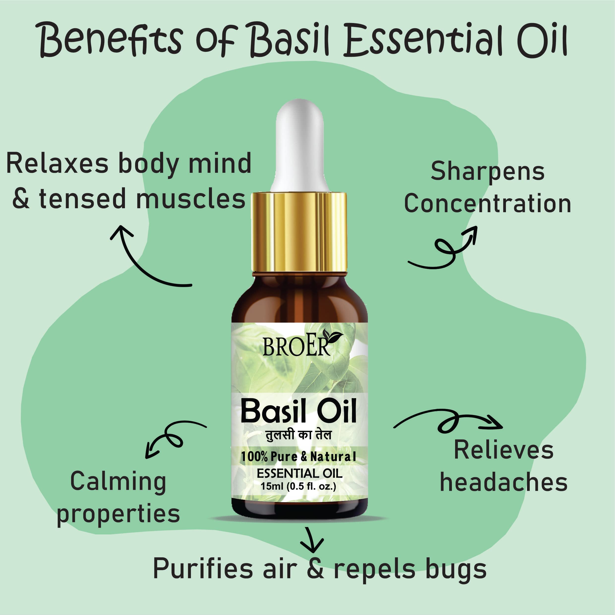BROER Naturals 100% Pure Basil (Tulsi) Essential Oil 15ml - Undiluted, Therapeutic Grade for Skin Care, Hair Growth & Aromatherapy | Cruelty-Free, Vegan | Perfect for Massage, Diffuser & DIY Beauty Products