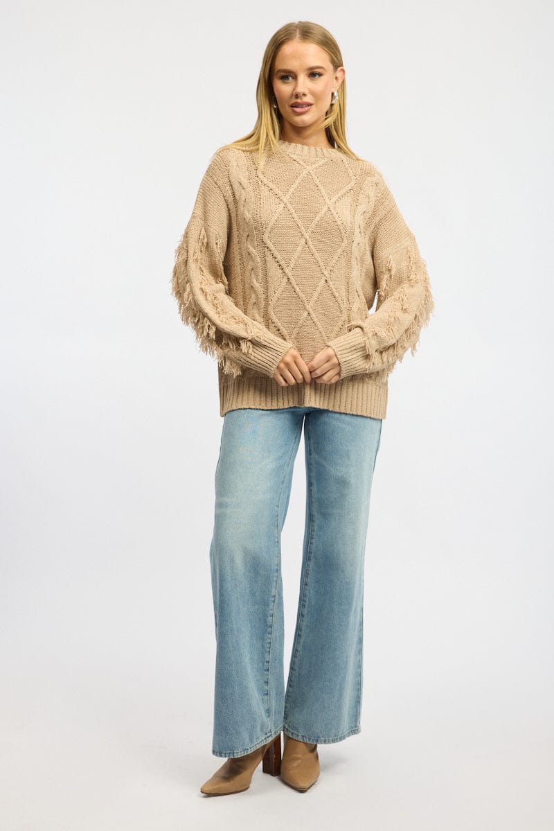 Beige Cable Knit Sweater Women's High Neck Pullover - Cozy Winter Warm Casual Knitwear for Office, Dating & Holiday Outfits