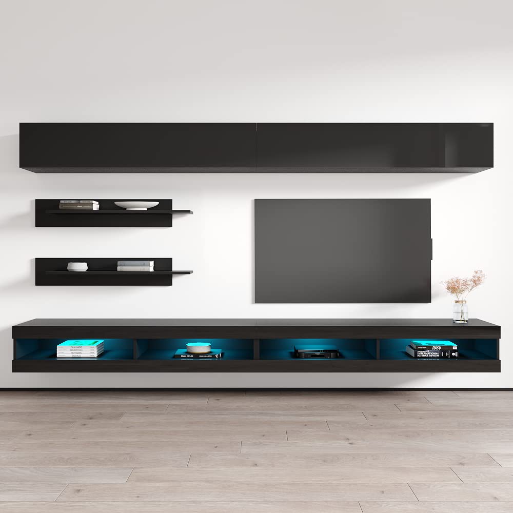 Modern Floating TV Stand with Storage & LED Lights - Wall-Mounted Entertainment Center Console for Living Room & Bedroom - 34