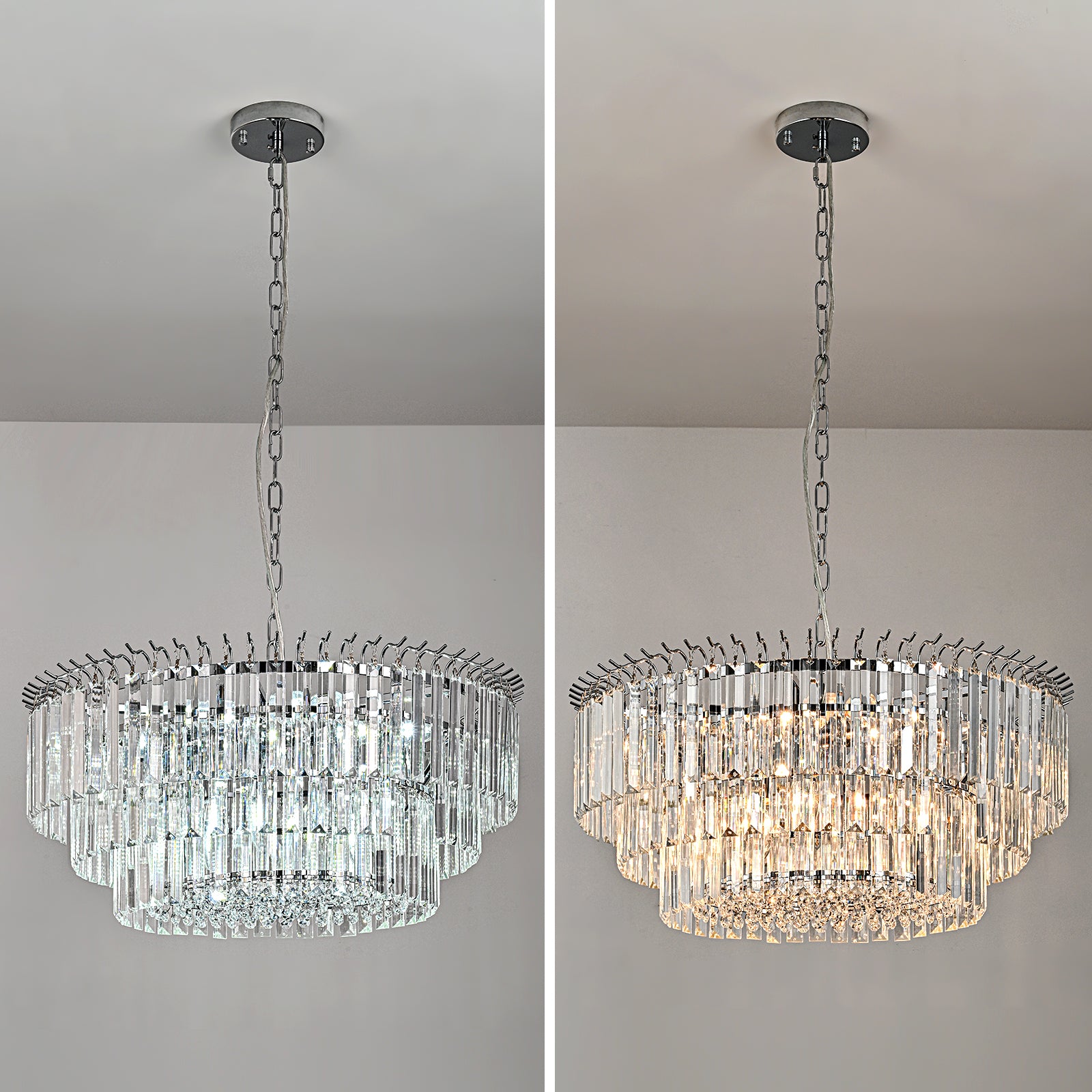 Glowlings 9-Light Modern 23-Inch Wide Chrome Round Tiered Crystal Chandelier - Elegant Dining Room Lighting for Home Decor