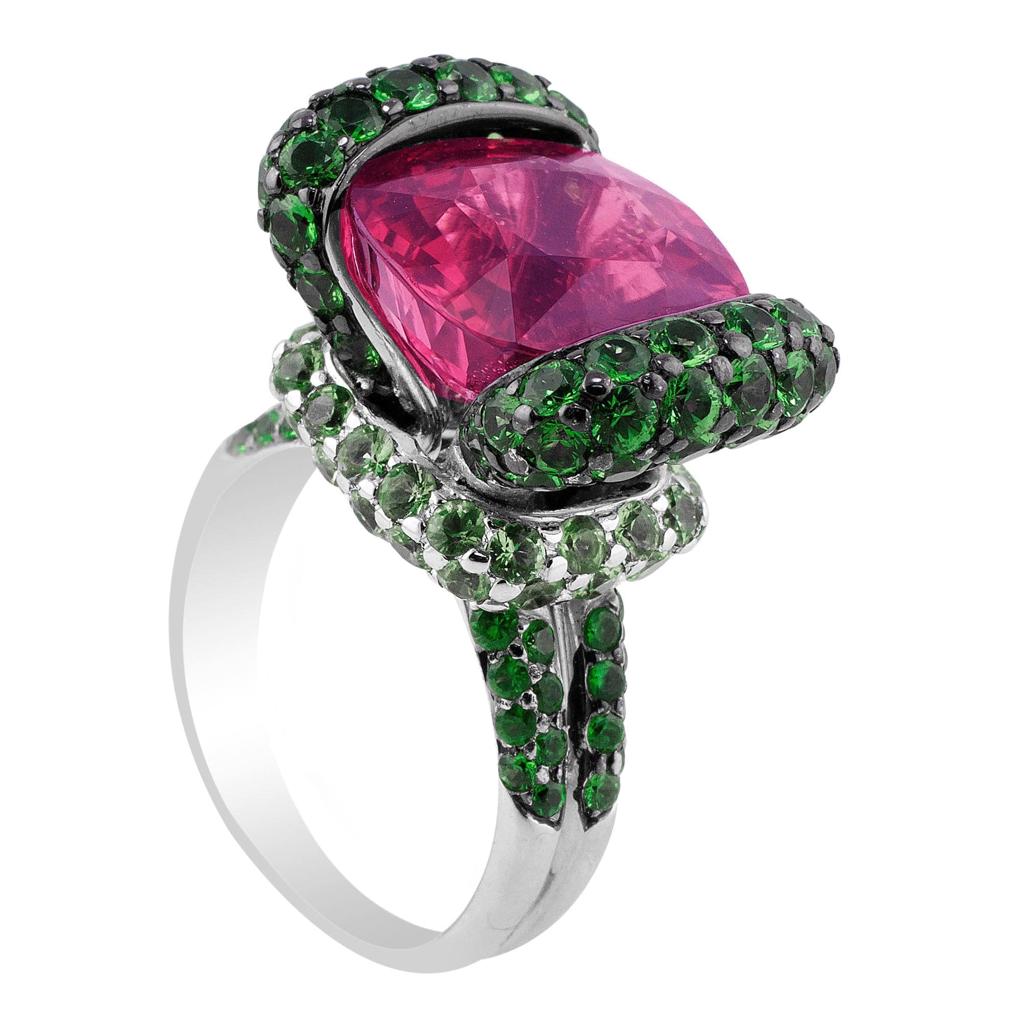 18K White Gold 10 Carat Pink Tourmaline and Green Tsavorite Gemstone Ring - Elegant Jewelry for Weddings, Anniversaries & Special Occasions