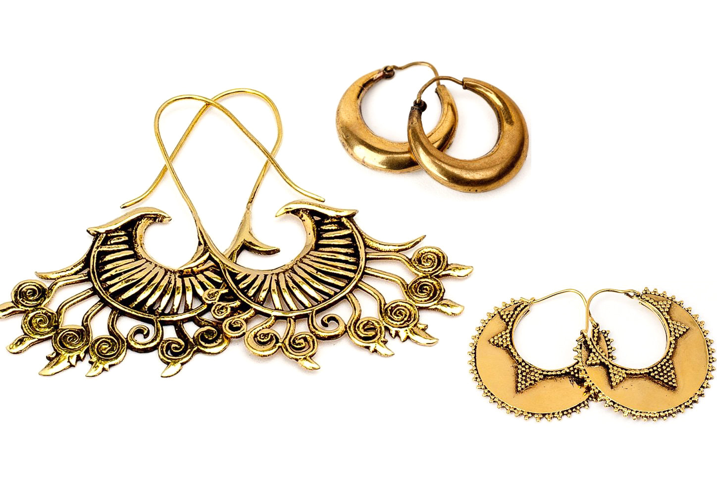 3-Piece Brass Earring Set for Women - Boho Hoop & Stud Earrings - Perfect for Parties, Weddings & Everyday Wear