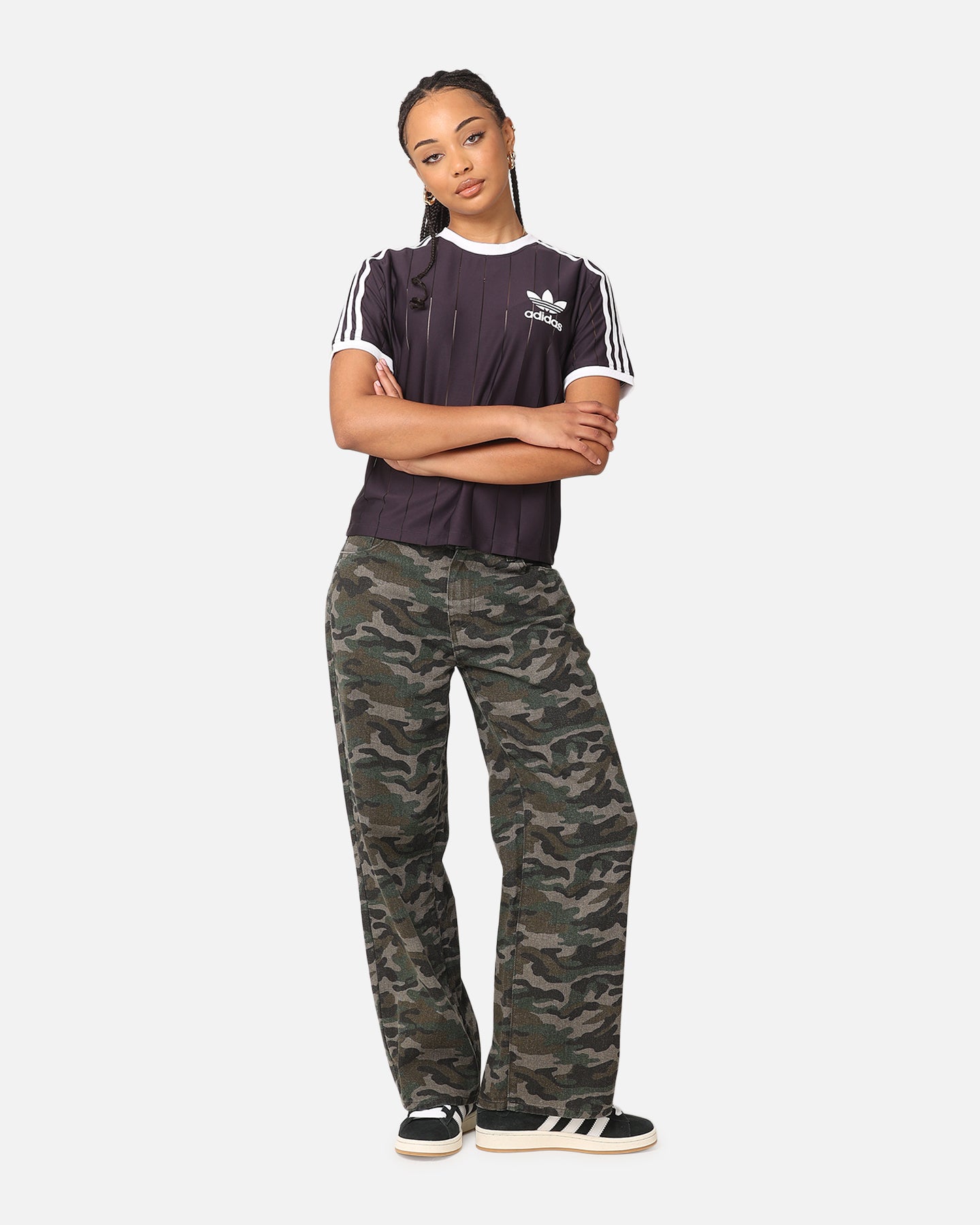 Adidas Women's 3 Stripes Pinstripe T-Shirt - Aurora Black | Casual Athletic Tee for Running, Gym & Everyday Wear