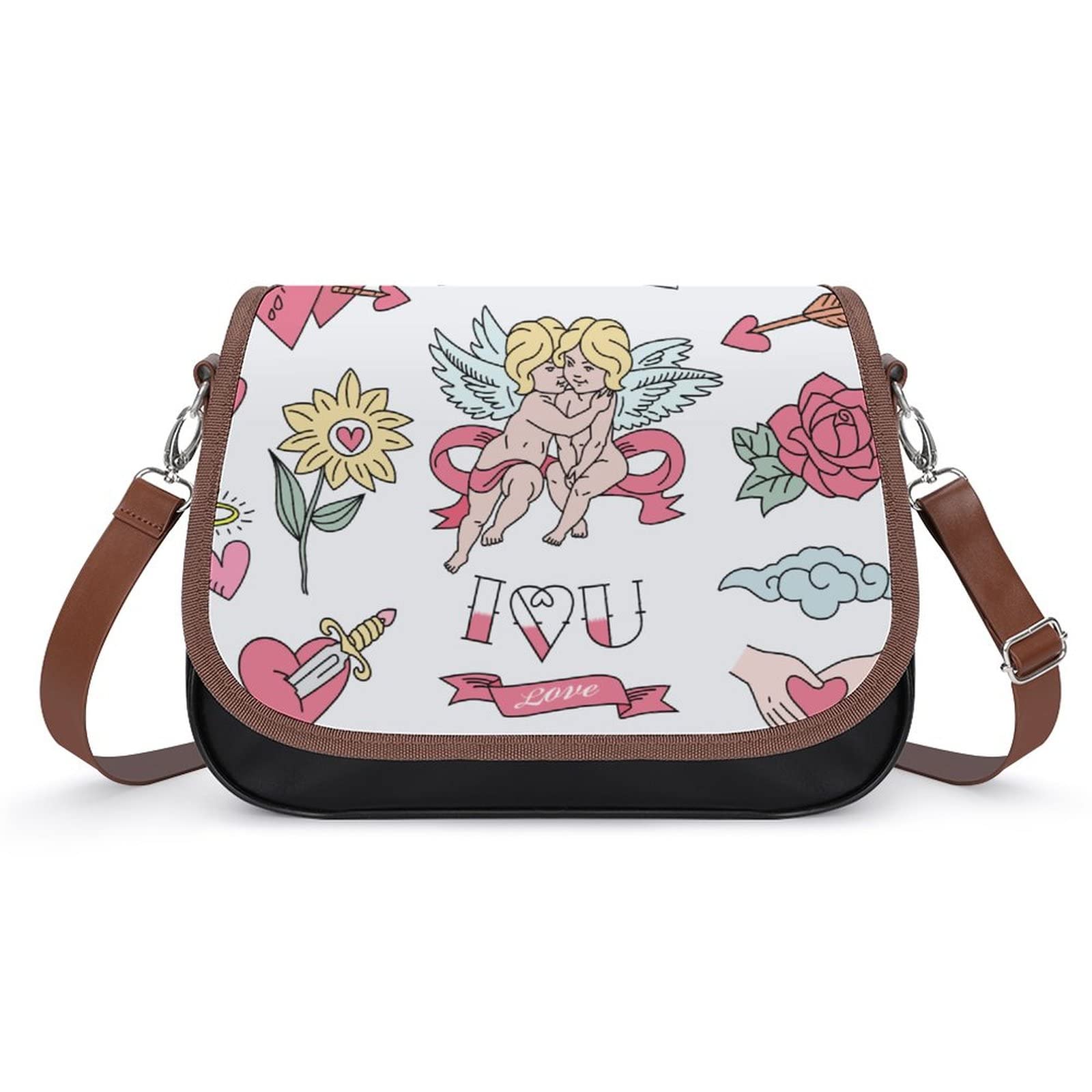 Trendy Printed Crossbody Bags for Women - Genuine Leather Shoulder Satchel Hobo Purse with Cupid Love Heart Design | Perfect for City Commute, Dating & Casual Outings